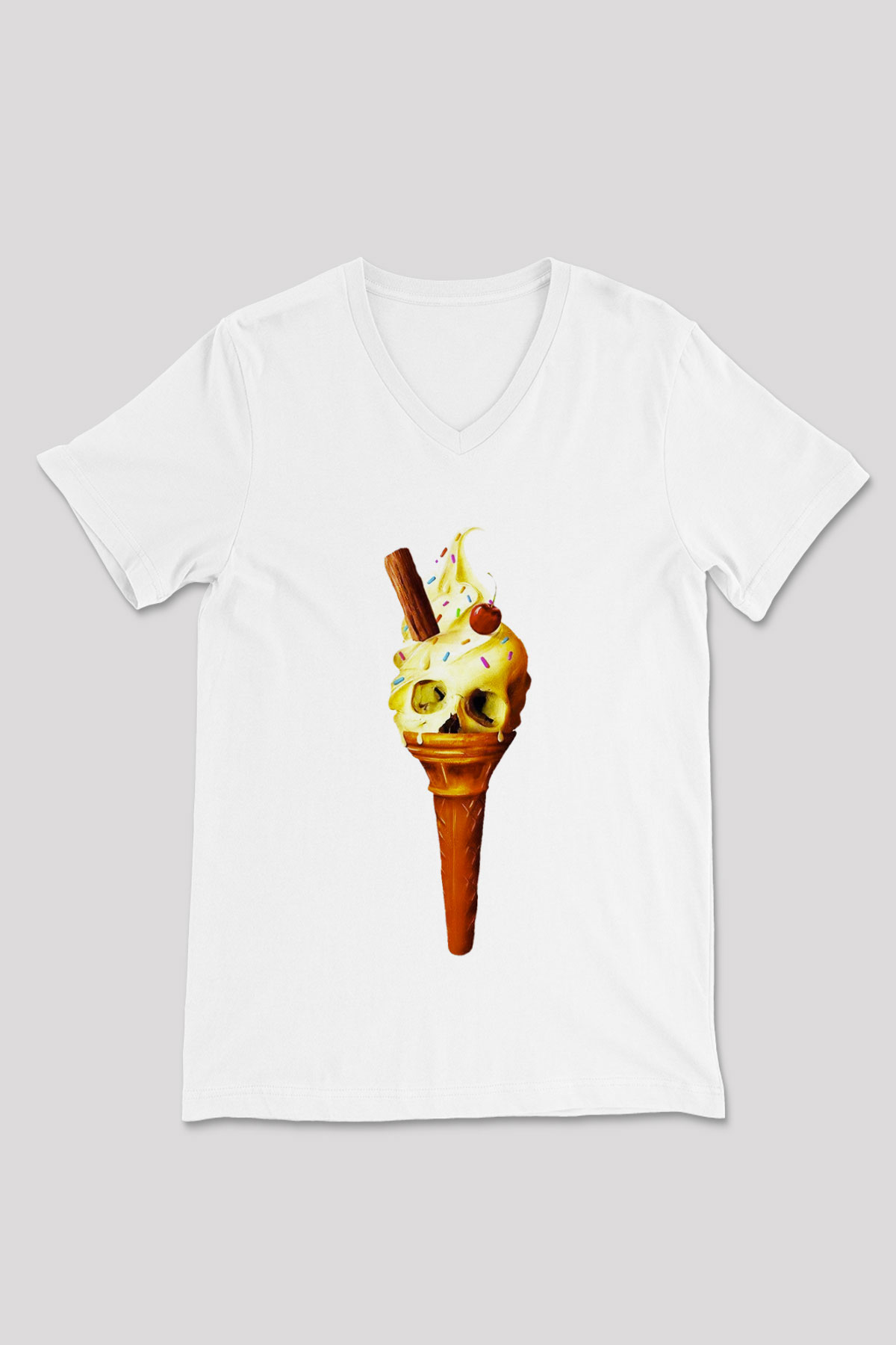 Dondurmacı Beyaz Unisex V Yaka Tişört T-Shirt