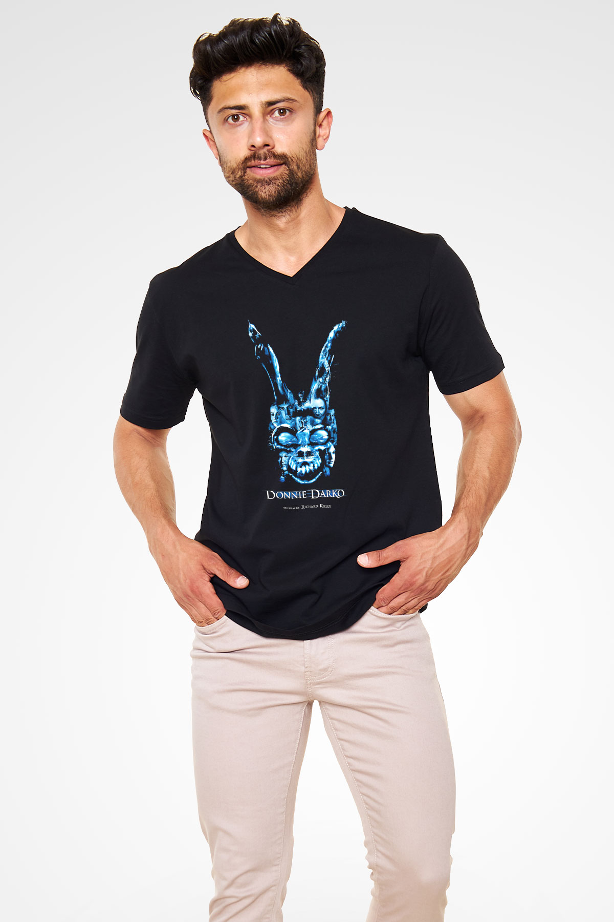Donnie Darko Baskılı Unisex Siyah V Yaka Tişört - Tshirt