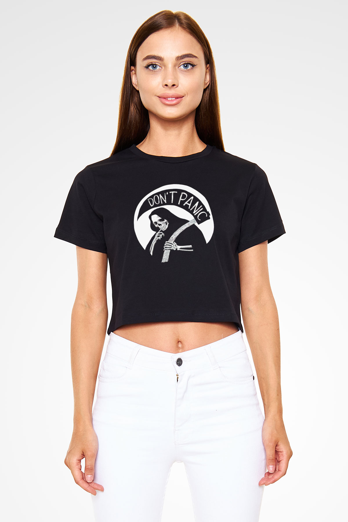 Dont Panic Temalı Baskılı  Siyah  Crop Top Tişört