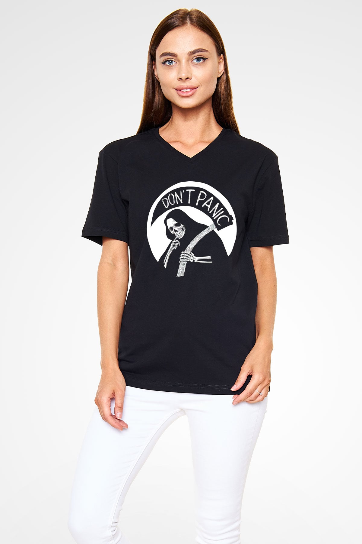 Dont Panic Temalı Baskılı Unisex Siyah  V Yaka Tişört