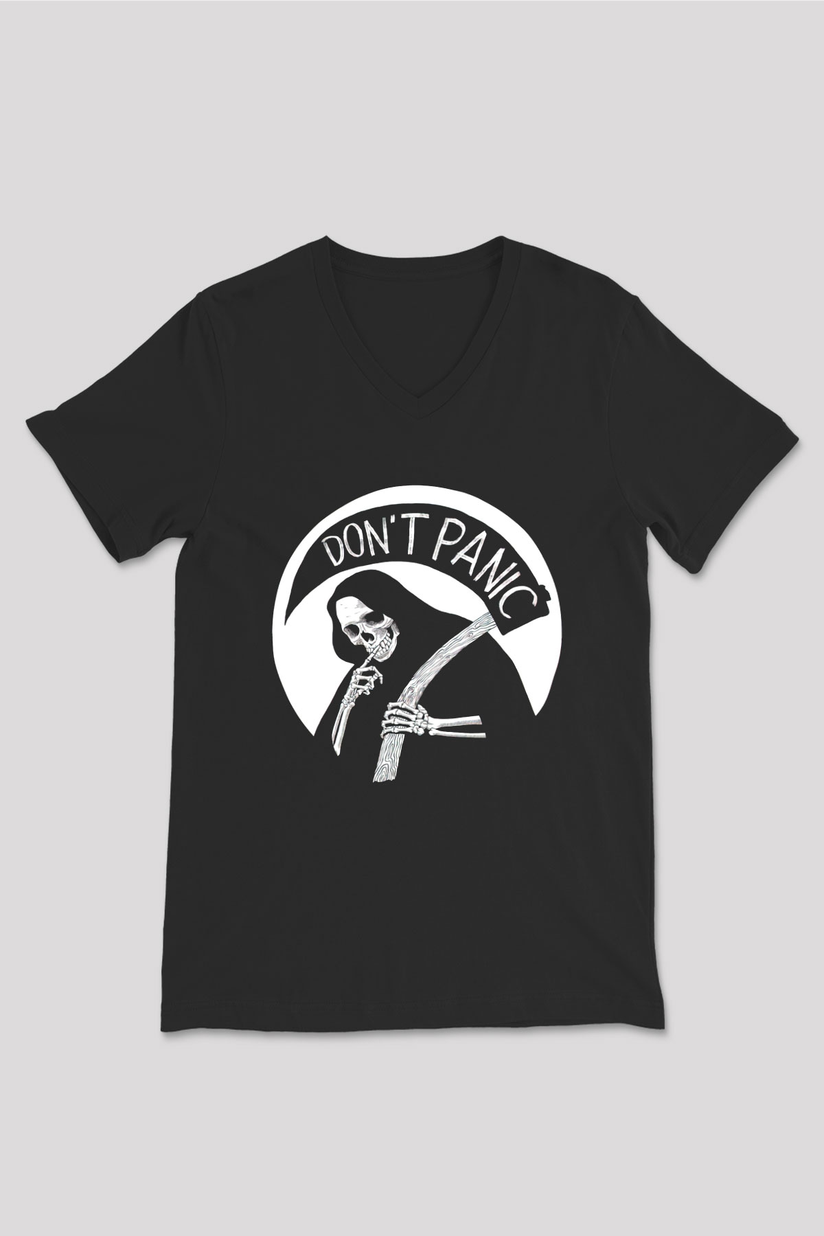Dont Panic Temalı Baskılı Unisex Siyah  V Yaka Tişört