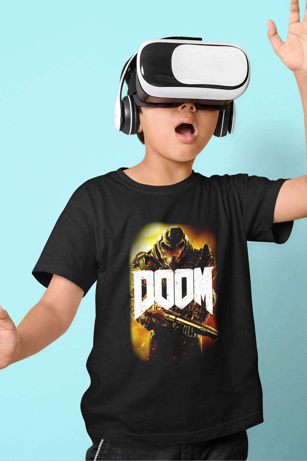 Doom Baskılı Siyah Unisex Çocuk Tişört