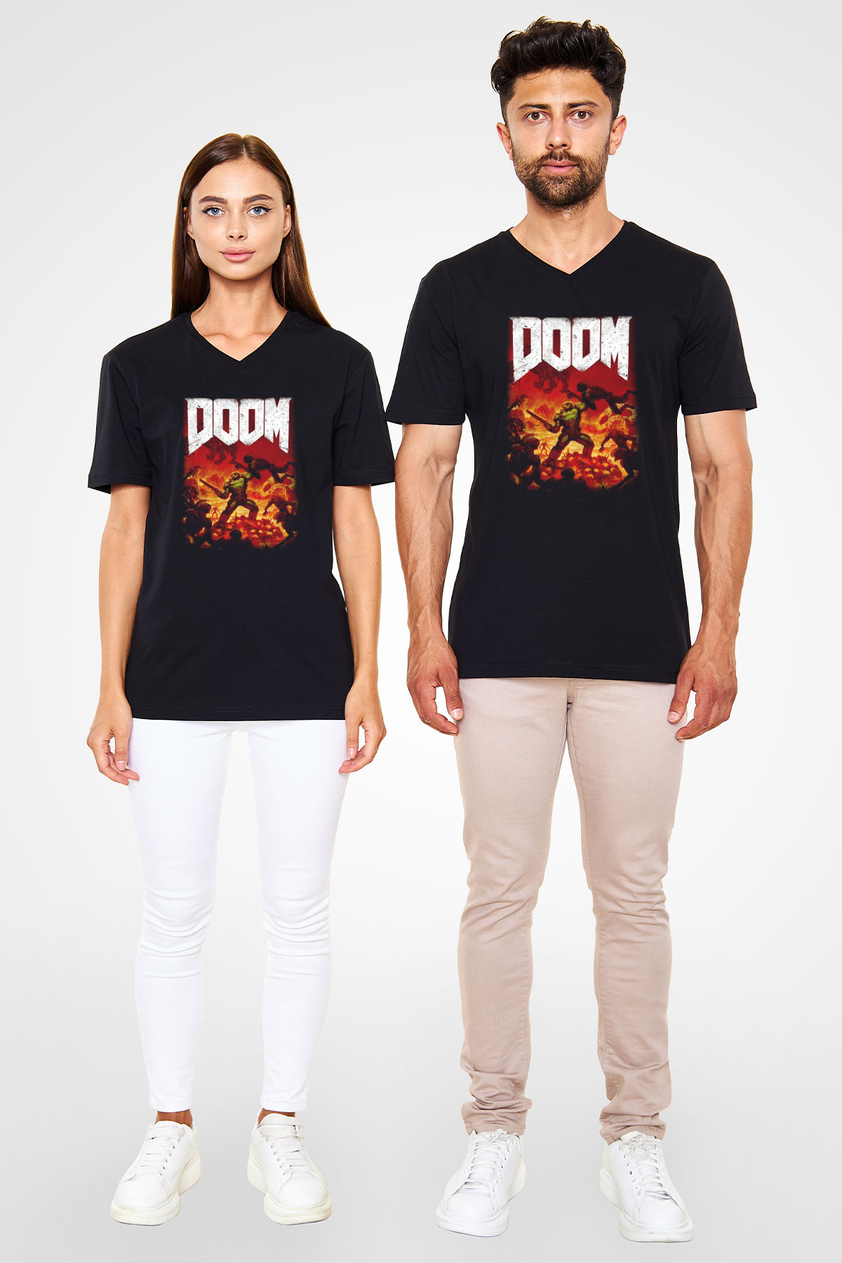 Doom Siyah Unisex V Yaka Tişört T-Shirt
