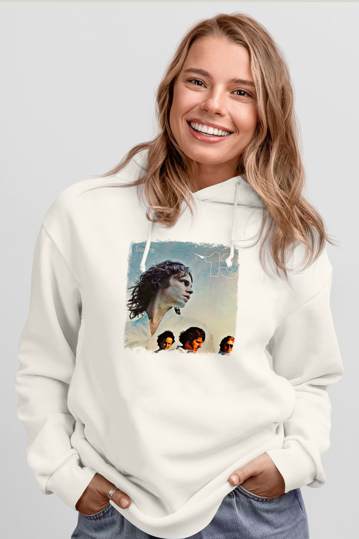 Doors Baskılı Unisex Beyaz Hoodie
