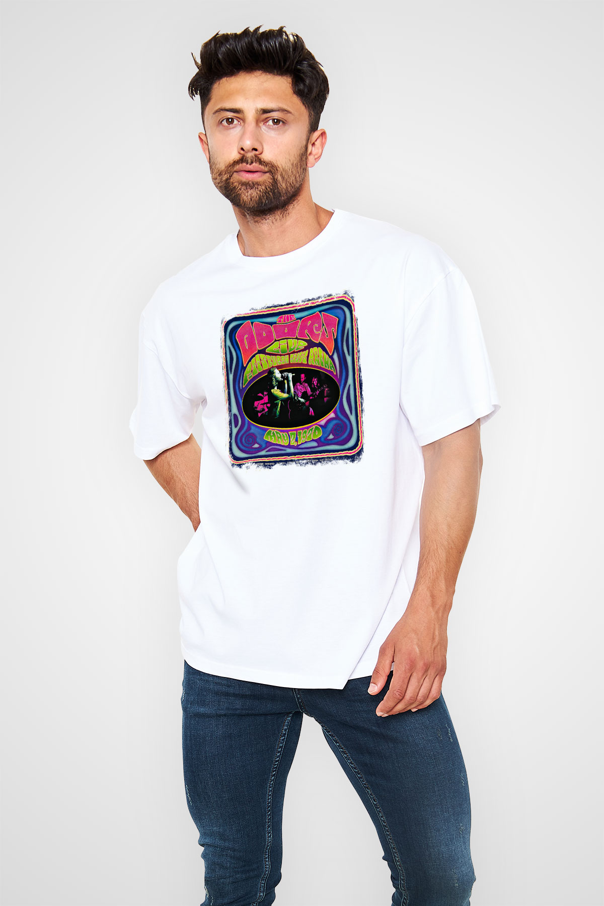Doors Baskılı Unisex Beyaz Oversize Tişört