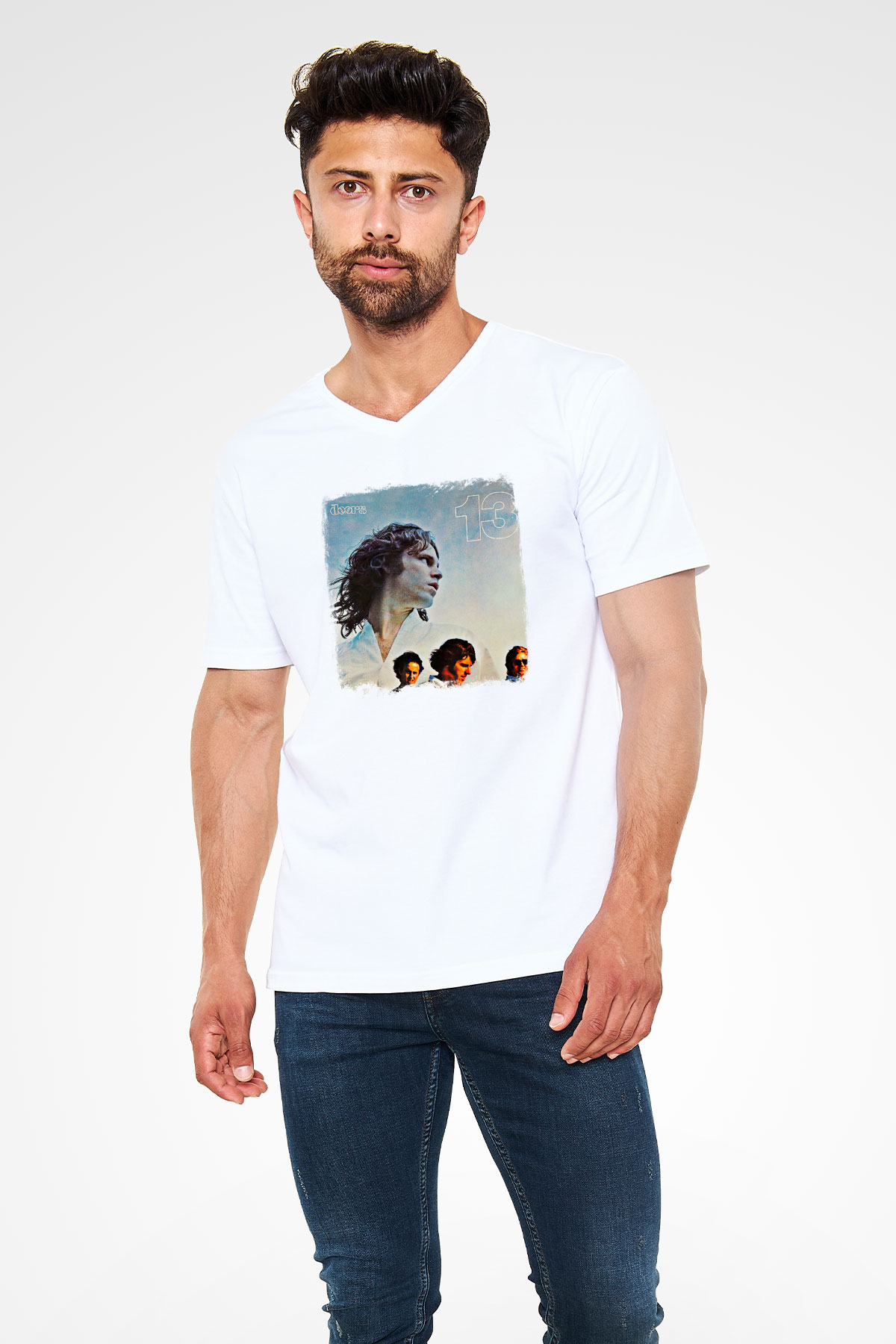 Doors Baskılı Unisex Beyaz V Yaka Tişört