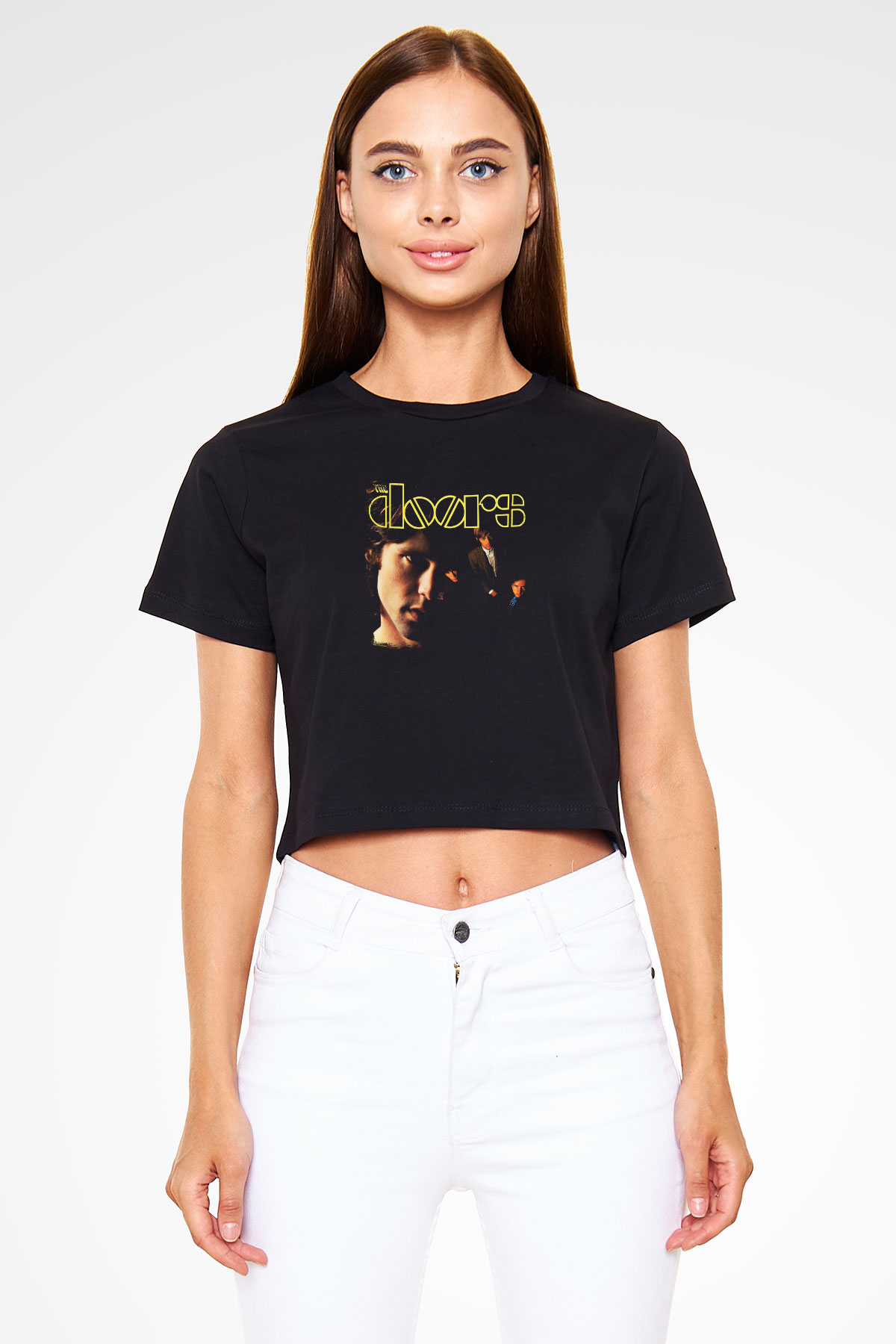 Doors Baskılı Unisex Siyah Crop Top Tişört