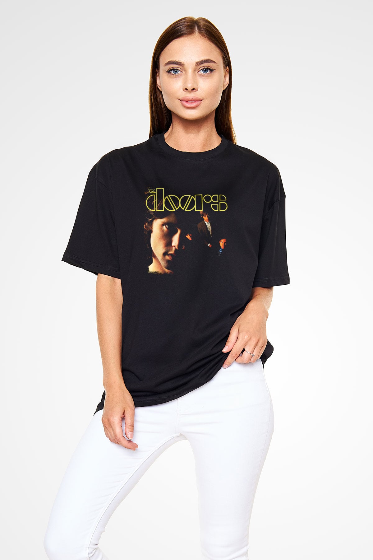 Doors Baskılı Unisex Siyah Oversize Tişört