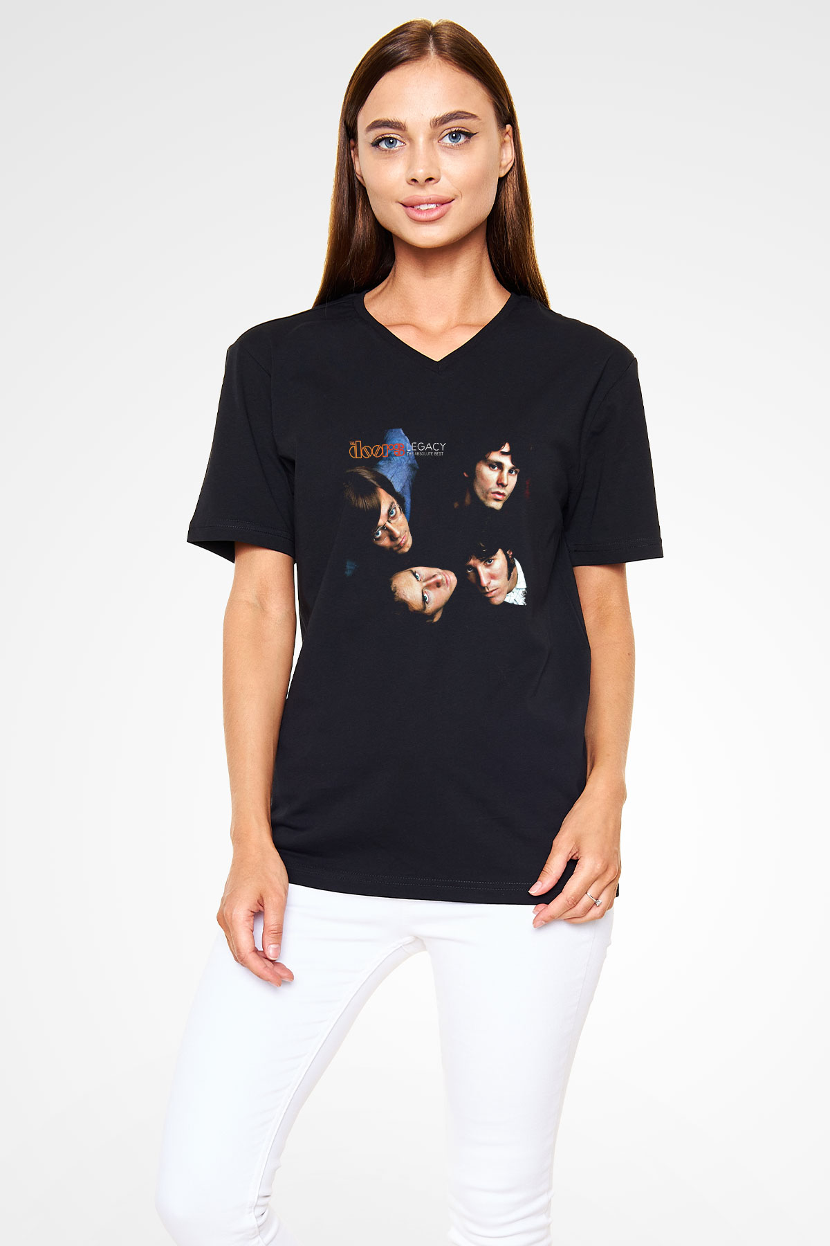 Doors Baskılı Unisex Siyah V Yaka Tişört
