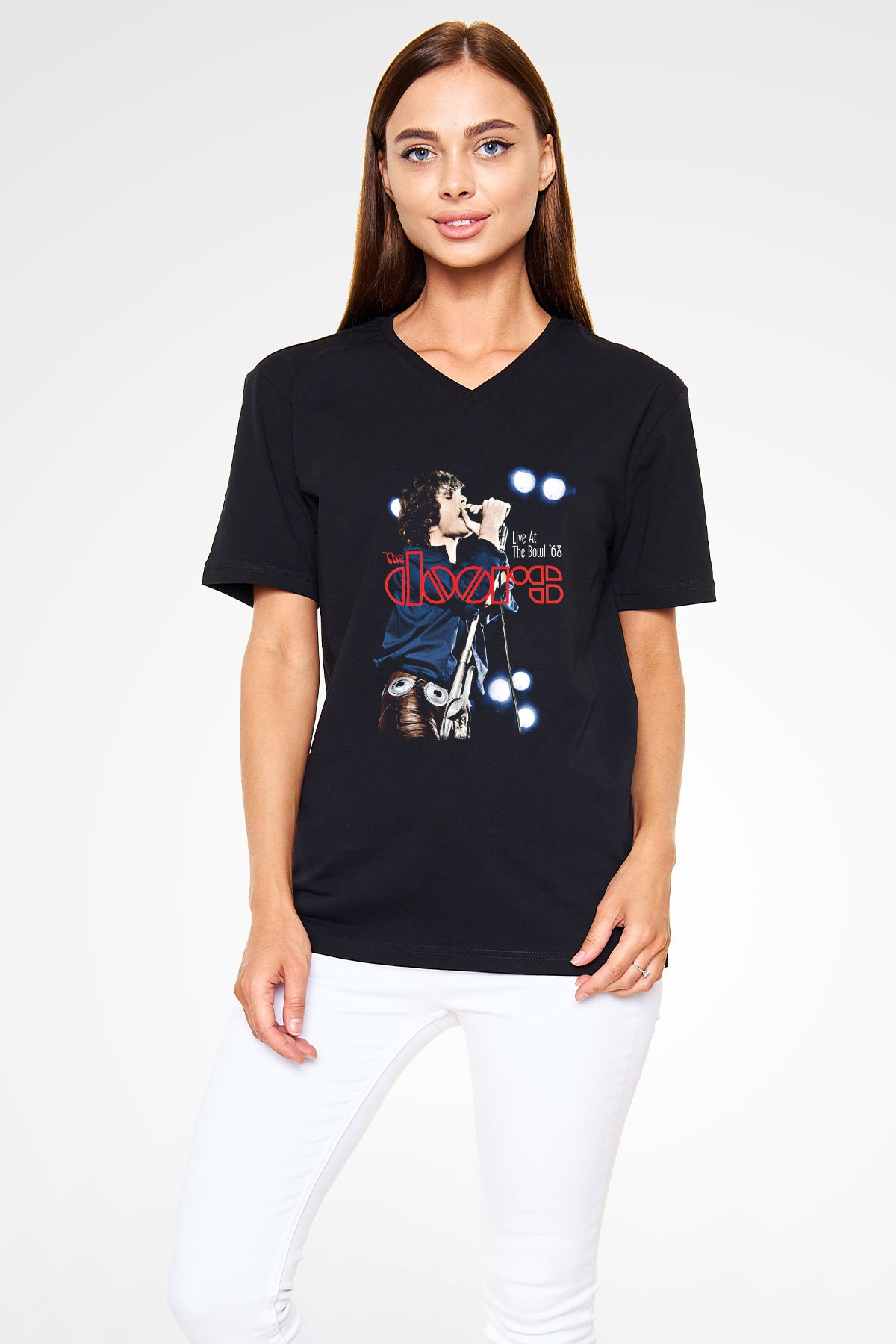 Doors Baskılı Unisex Siyah V Yaka Tişört