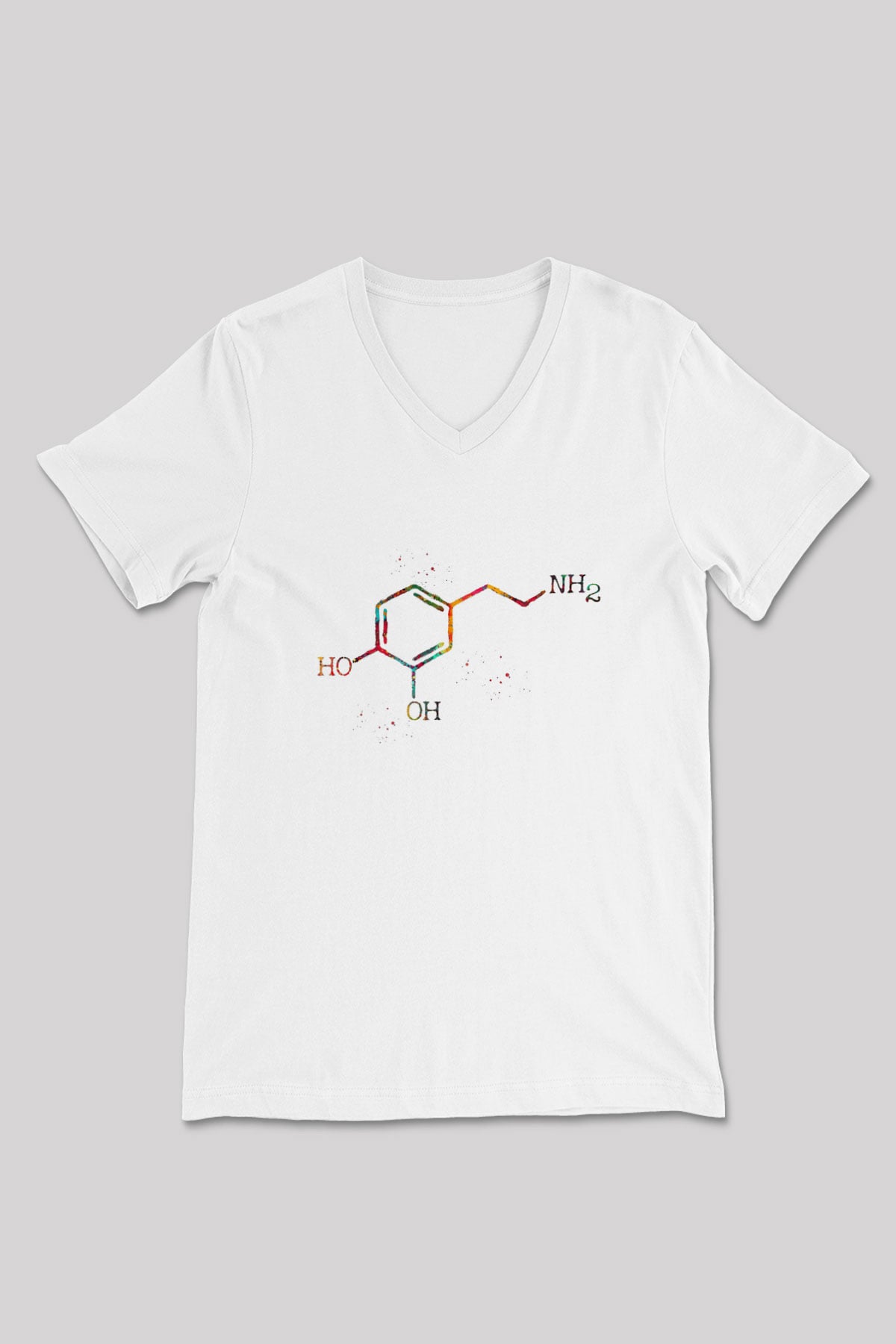 Dopamin Kimyasal Formülü Baskılı Unisex V Yaka Beyaz Tişört - Tshirt