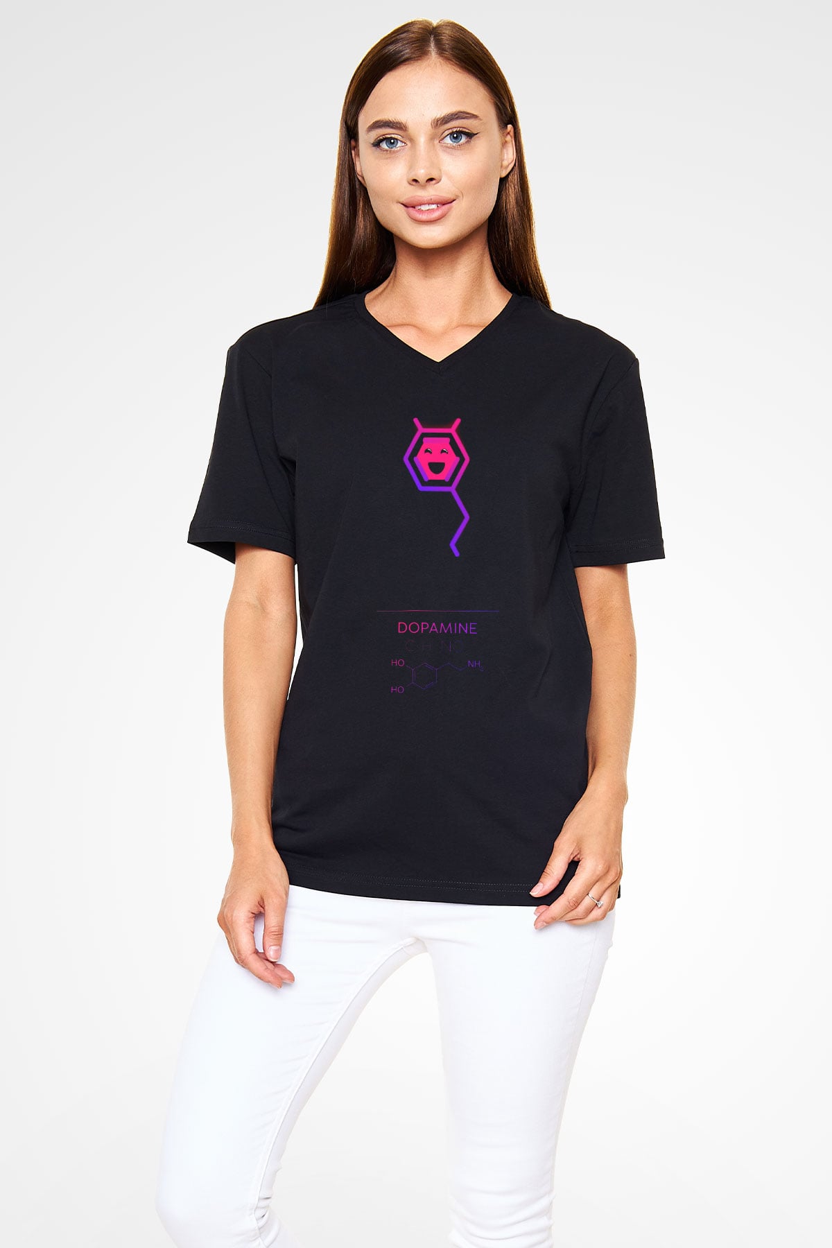 Dopamin Molekülü Baskılı Unisex V Yaka Siyah Tİşört - Tshirt