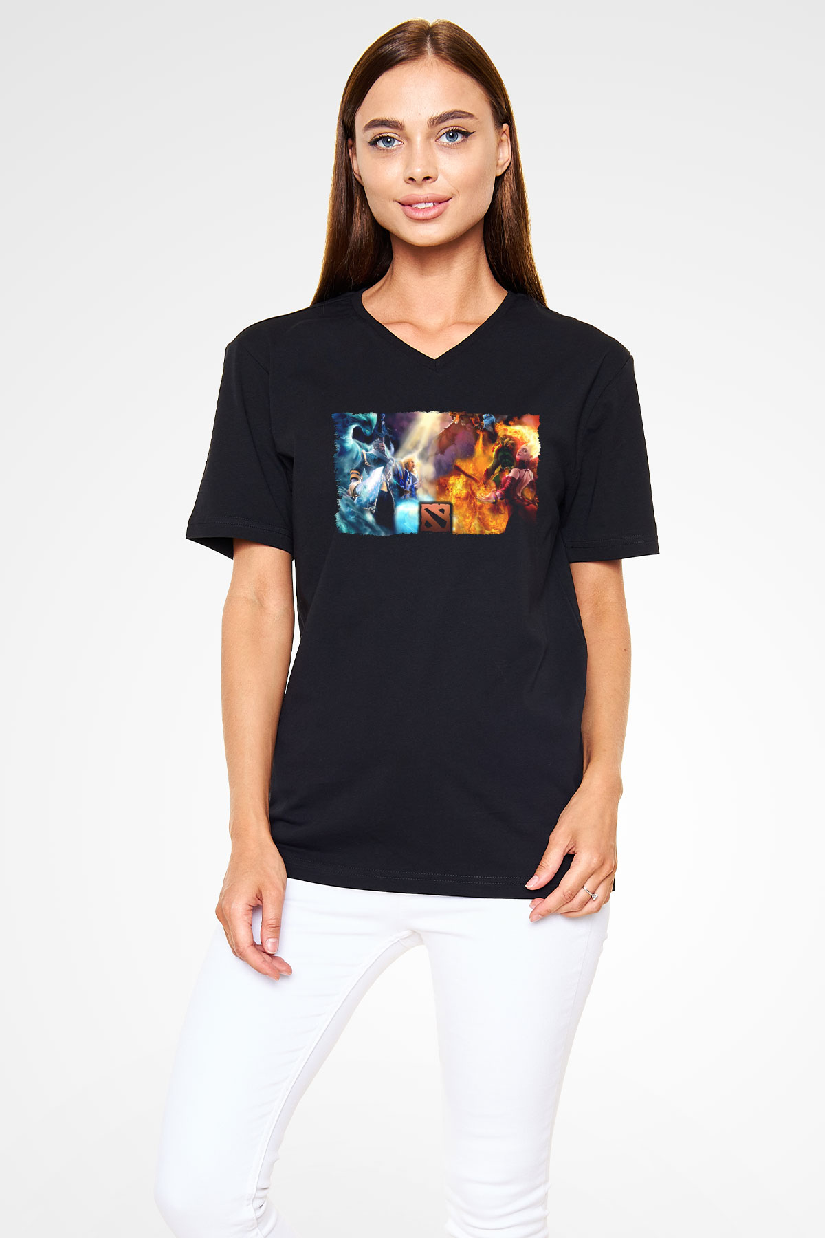Dota 2 Siyah Unisex V Yaka Tişört