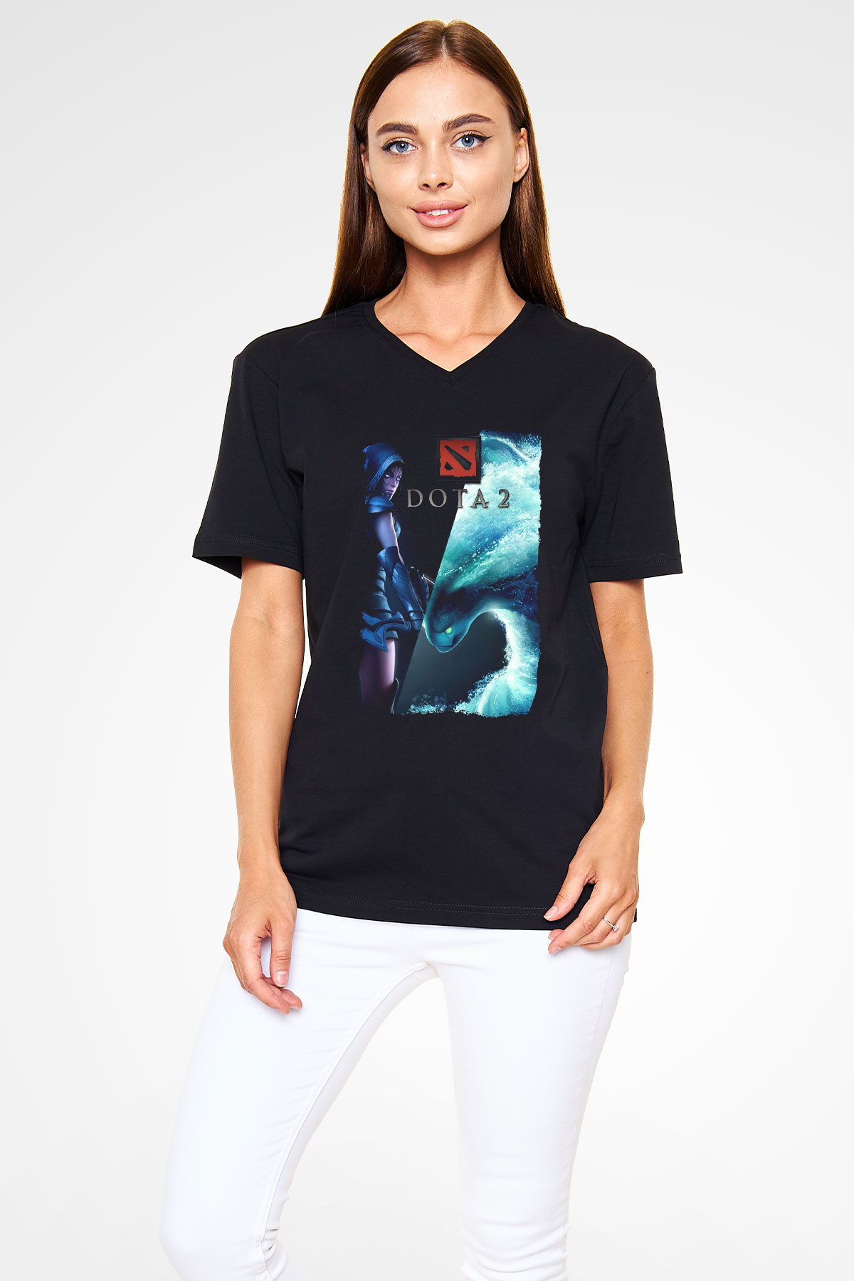 Dota 2 Siyah Unisex V Yaka Tişört