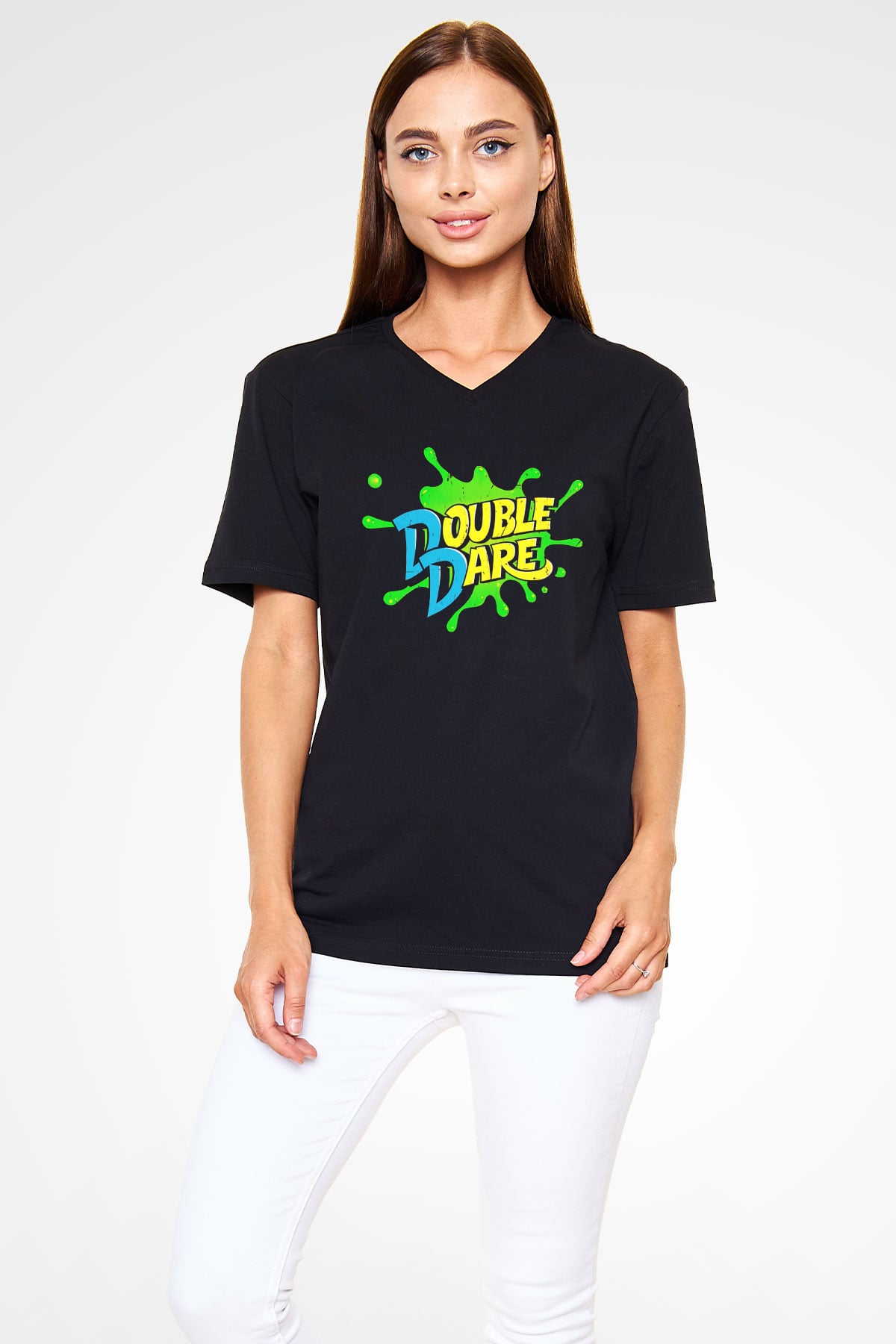 Double Dare Siyah Unisex  V Yaka Tişört