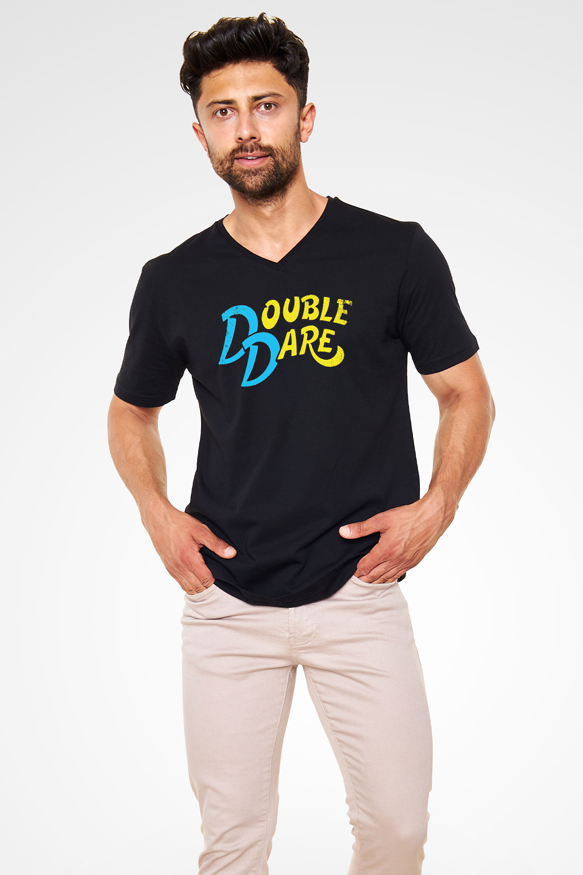 Double Dare Siyah Unisex  V Yaka Tişört
