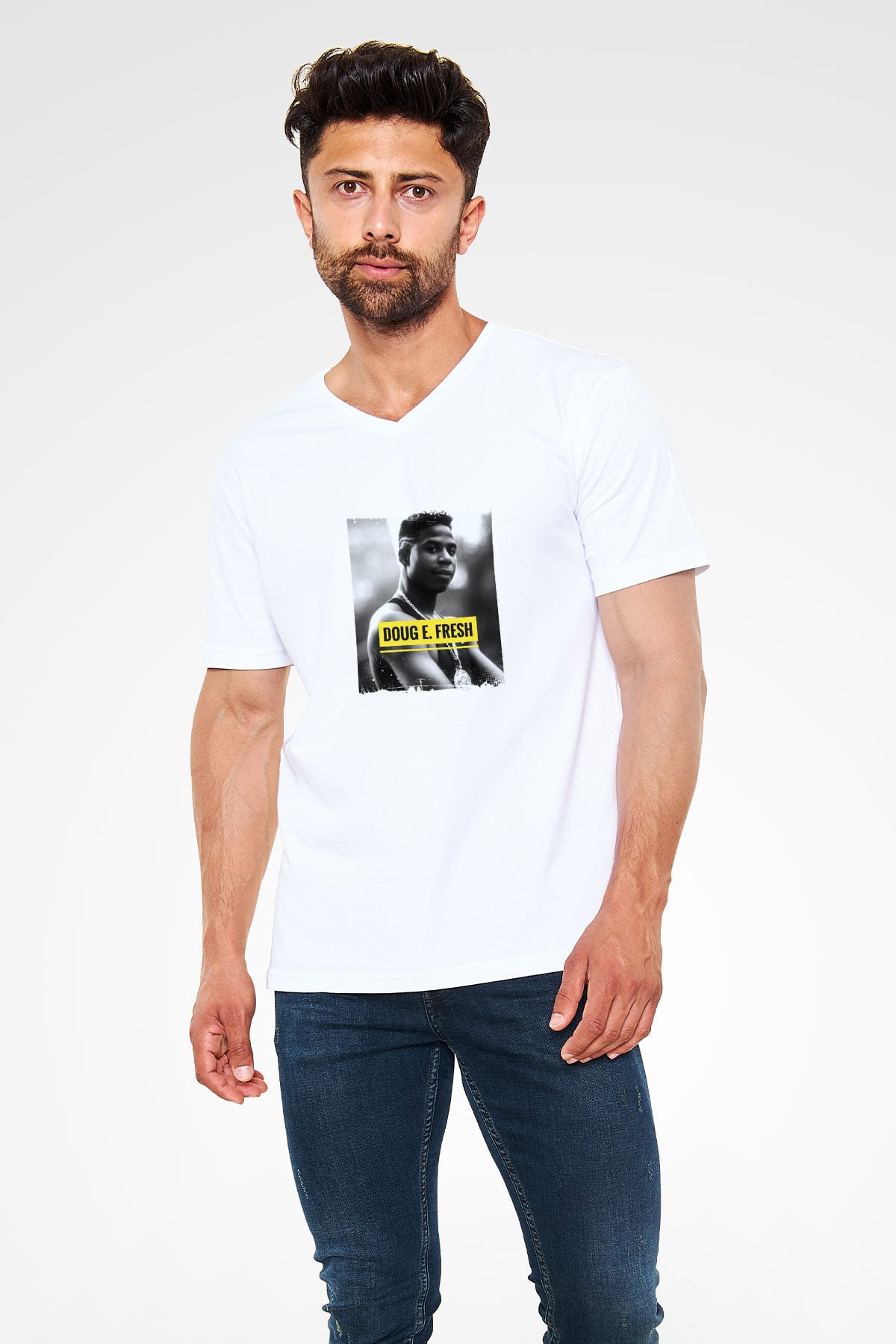Doug E. Fresh Baskılı Beyaz V Yaka Unisex Tişört