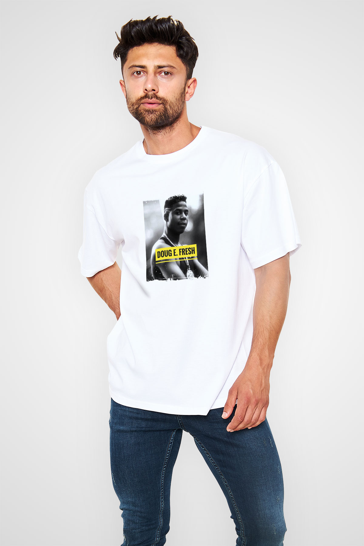 Doug E. Fresh Baskılı Oversize Beyaz Tişört