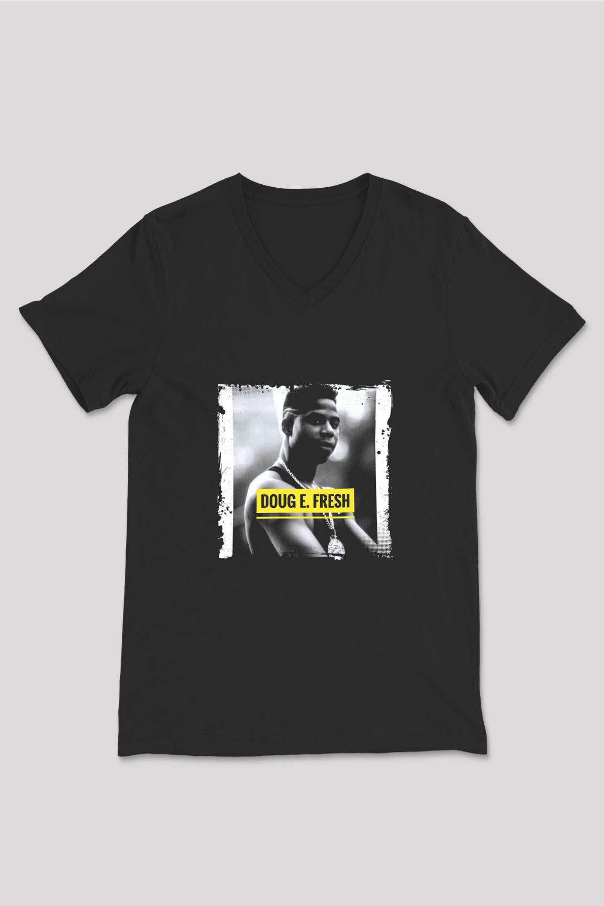 Doug E. Fresh Baskılı Unisex Siyah V Yaka Tişört