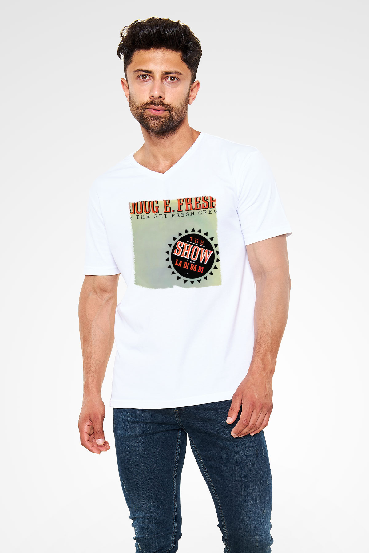 Doug E. Fresh Beyaz Unisex V Yaka Tişört T-Shirt