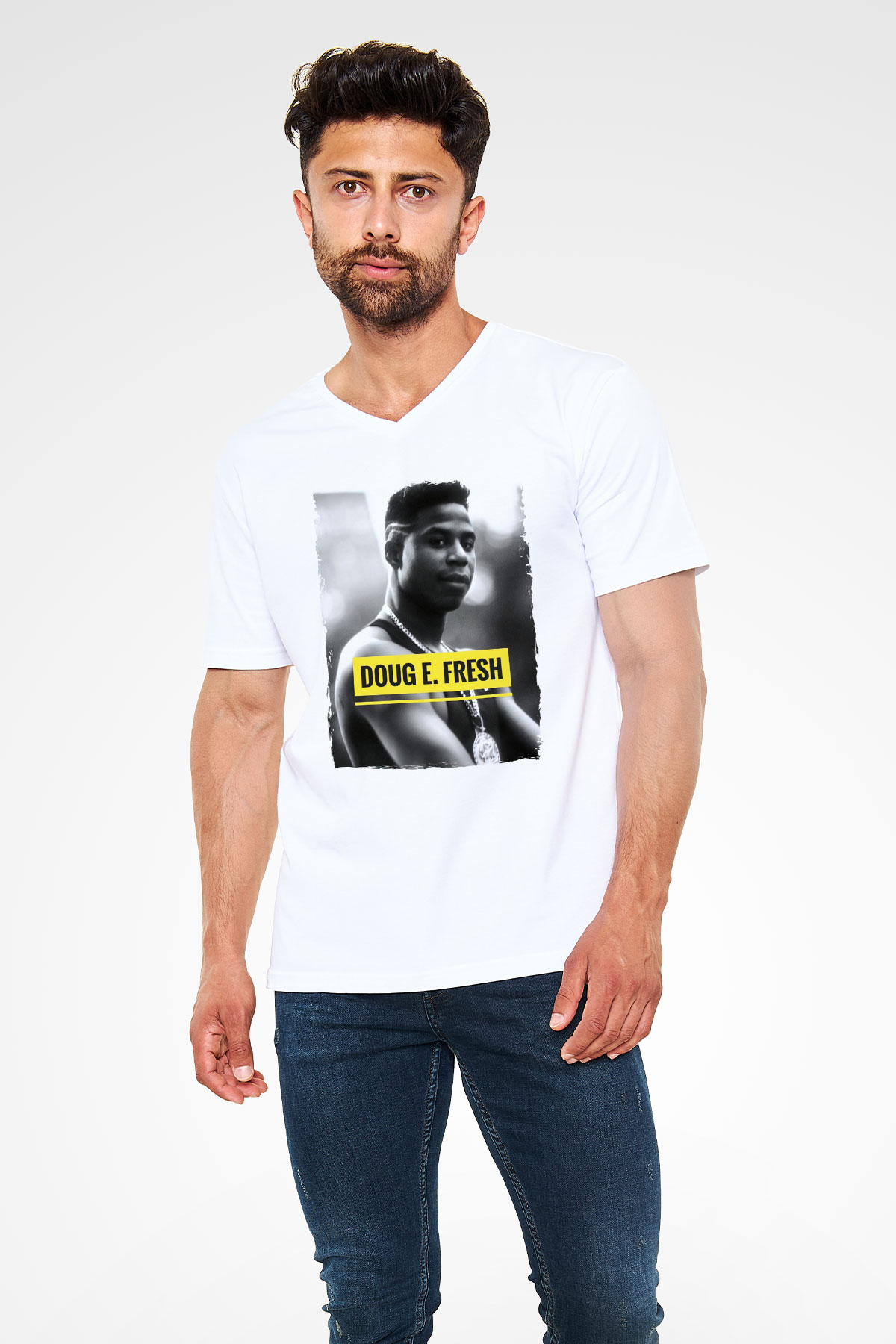 Doug E. Fresh Beyaz Unisex V Yaka Tişört