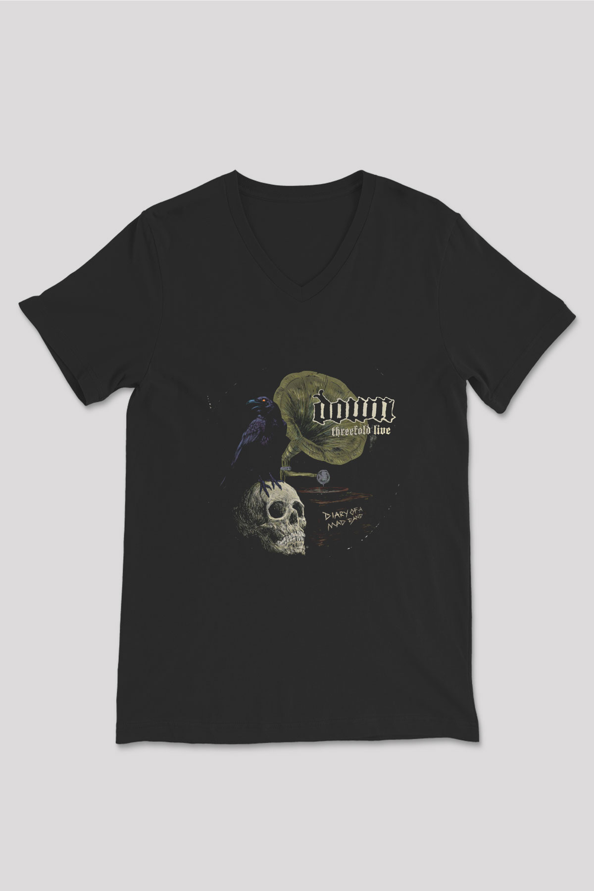Down Baskılı Unisex Siyah V Yaka Tişört