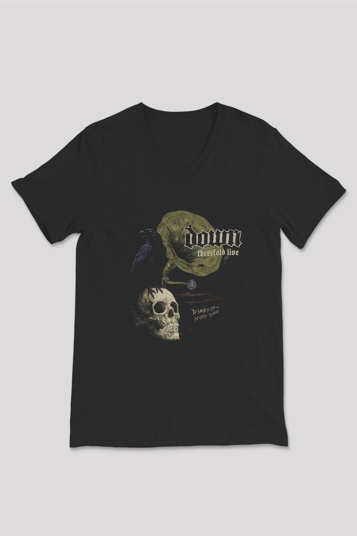 Down Siyah Unisex V Yaka Tişört T-Shirt