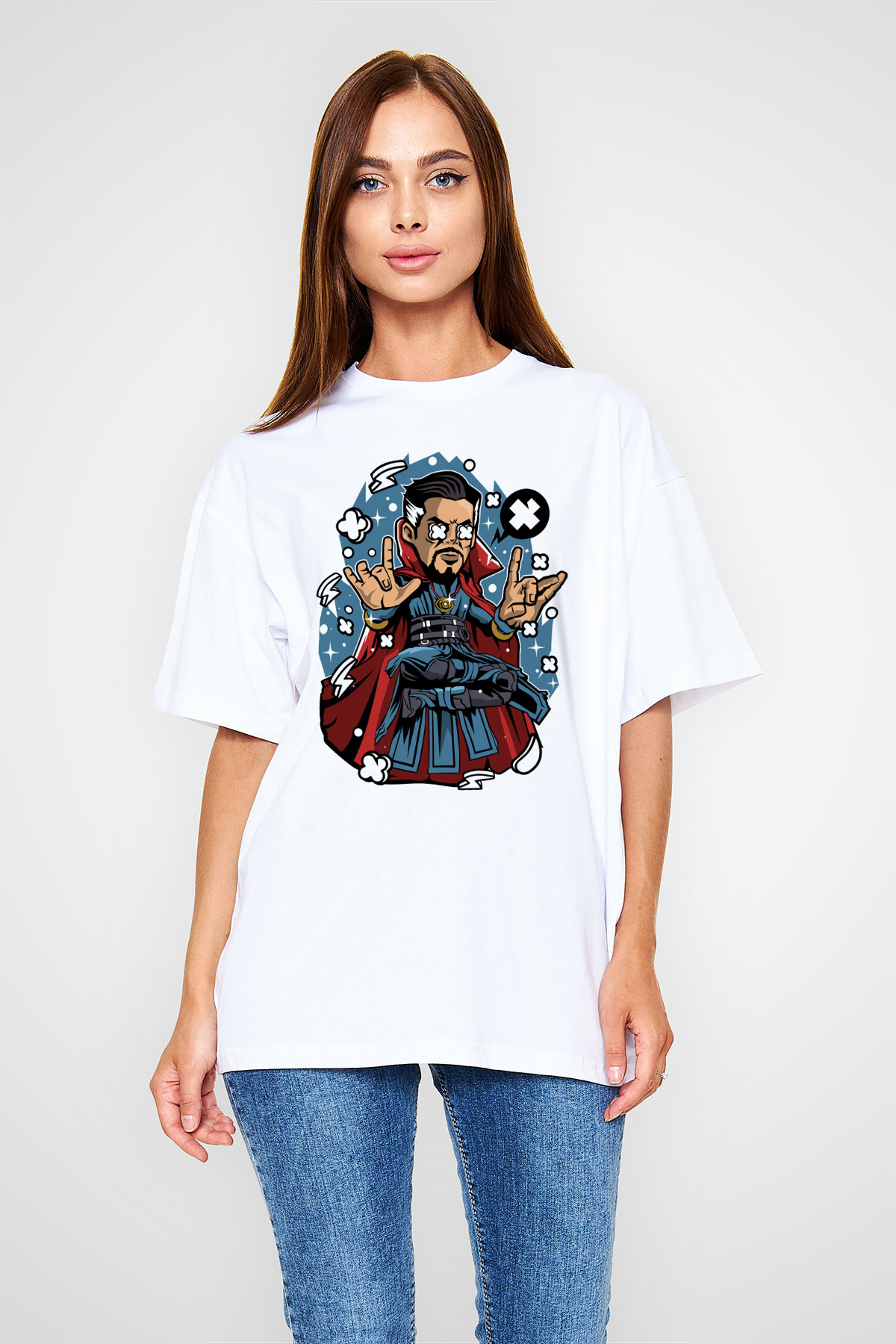 Dr Strange Baskılı Unisex Beyaz Oversize Tişört