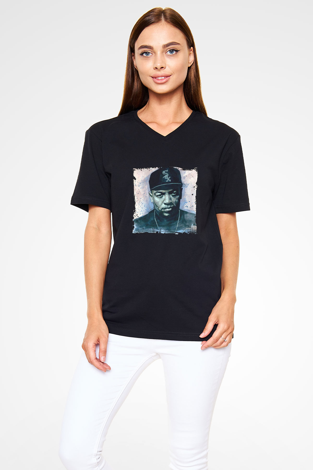 Dr. Dre Baskılı Unisex Siyah V Yaka Tişört