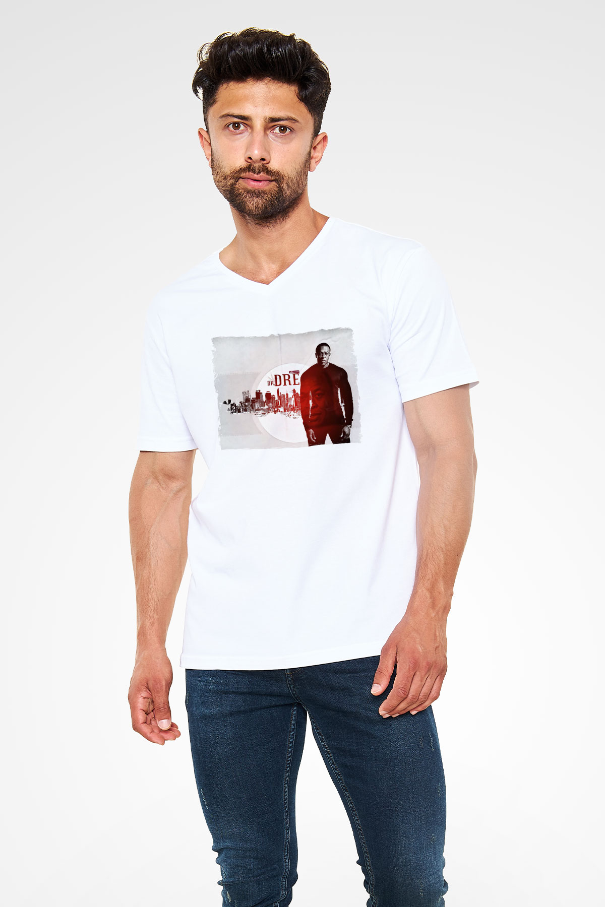 Dr.Dre Beyaz Unisex V Yaka Tişört