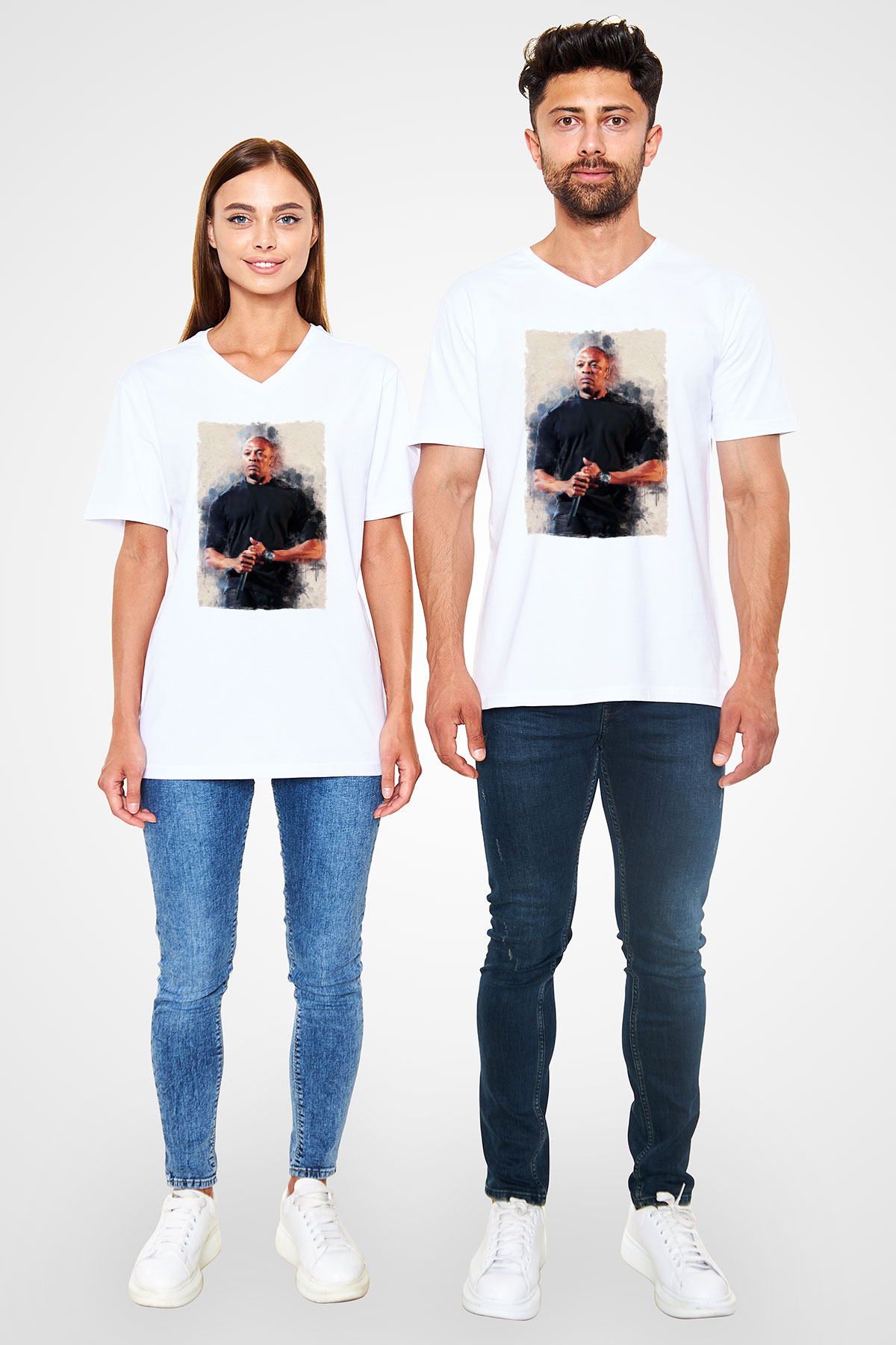 Dr.Dre Beyaz Unisex V Yaka Tişört