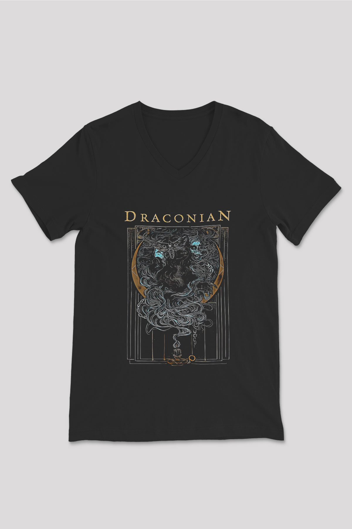 Draconian Baskılı Unisex Siyah V Yaka Tişört - Tshirt