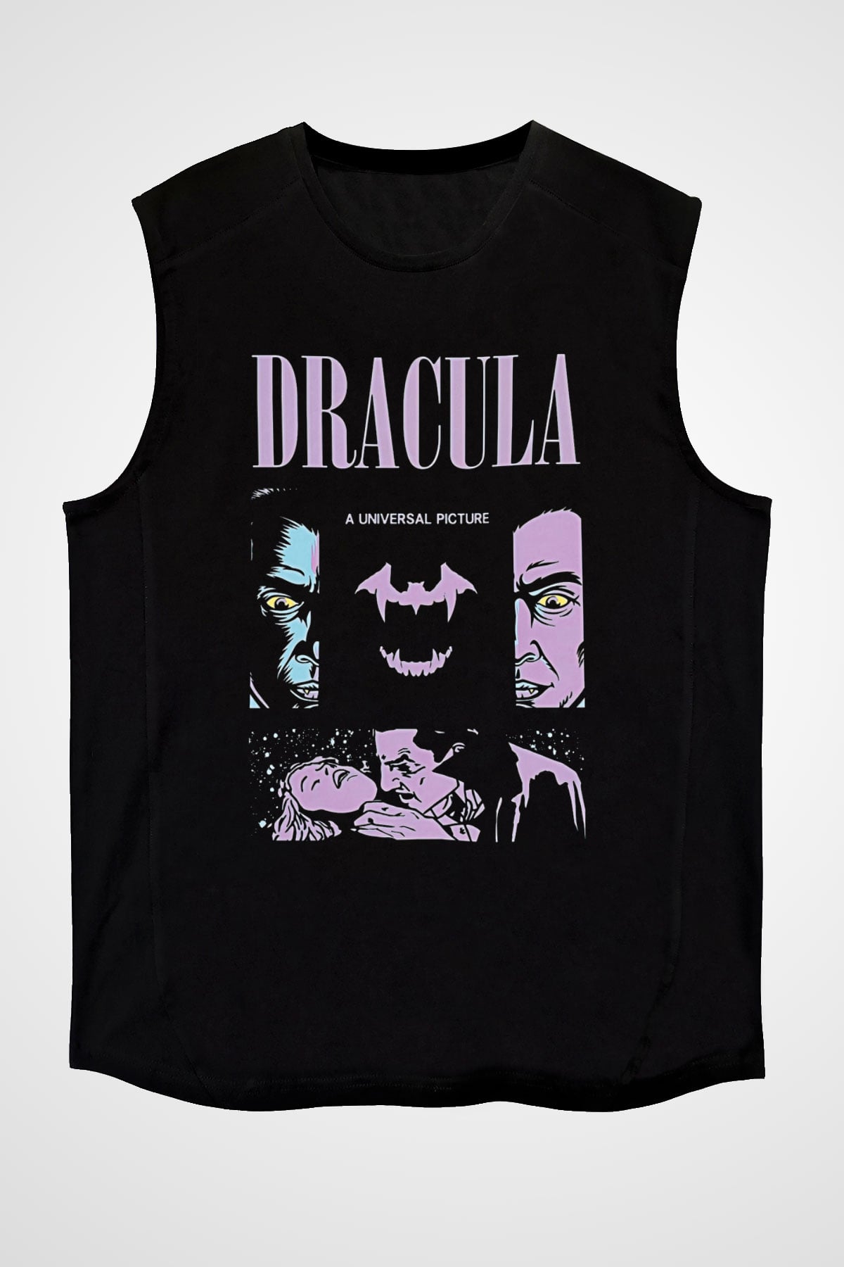 Dracula Baskılı Unisex Siyah Kolsuz Tişört - Tshirt