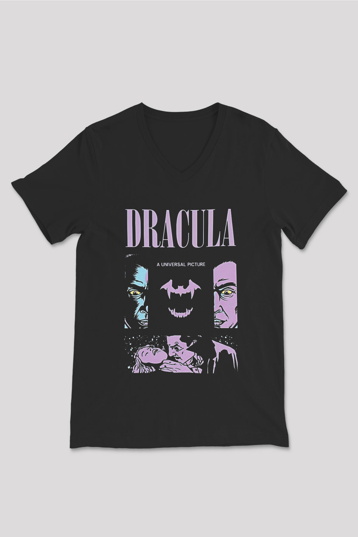 Dracula Baskılı Unisex Siyah V Yaka Tişört - Tshirt