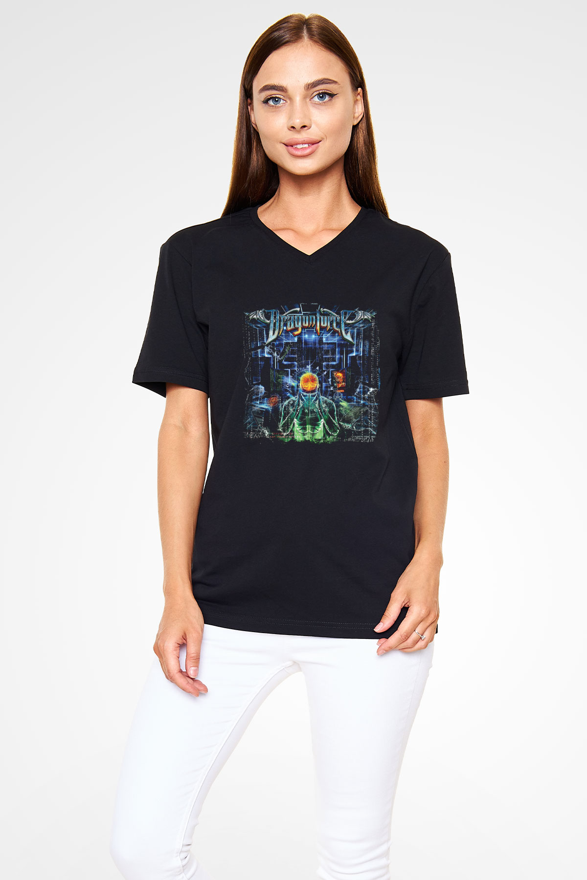 Dragon Force Baskılı Unisex Siyah V Yaka Tişört