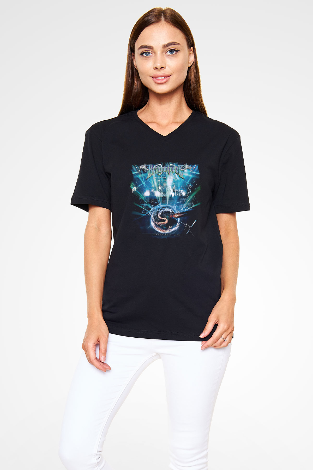 Dragon Force Baskılı Unisex Siyah V Yaka Tişört