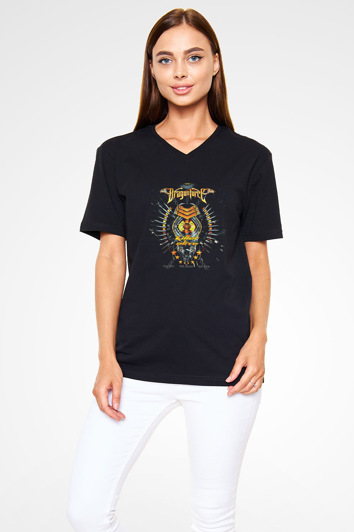 Dragon Force Baskılı Unisex Siyah V Yaka Tişört