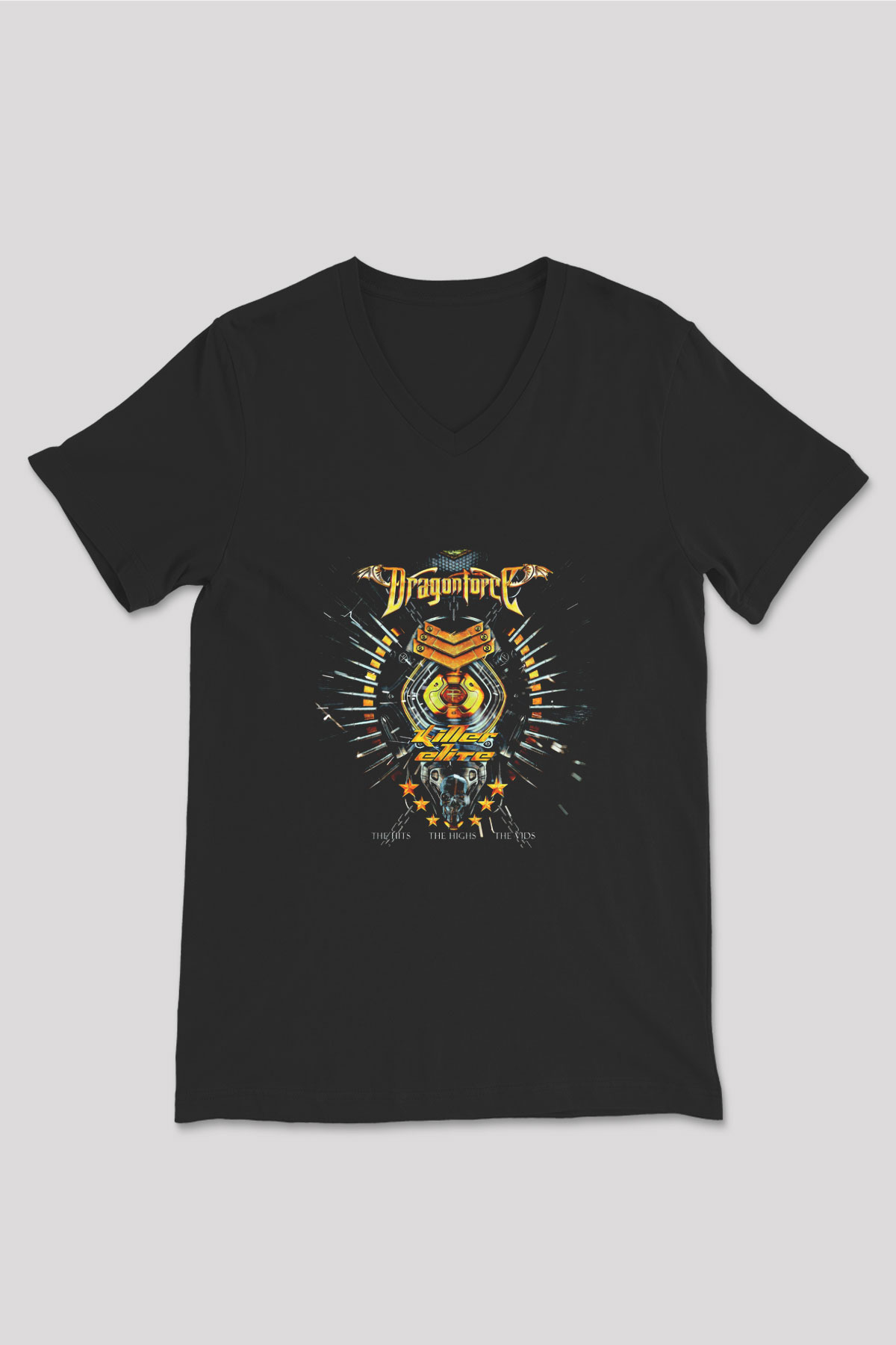 Dragon Force Baskılı Unisex Siyah V Yaka Tişört