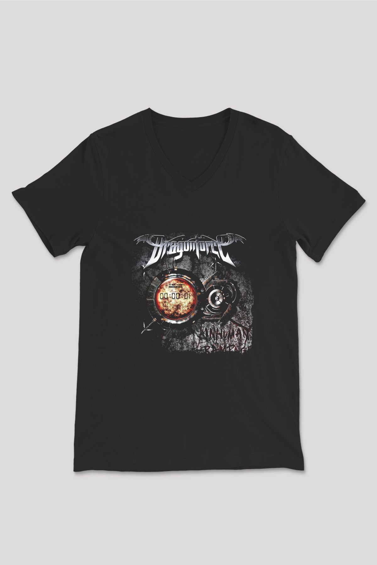Dragon Force Baskılı Unisex Siyah V Yaka Tişört