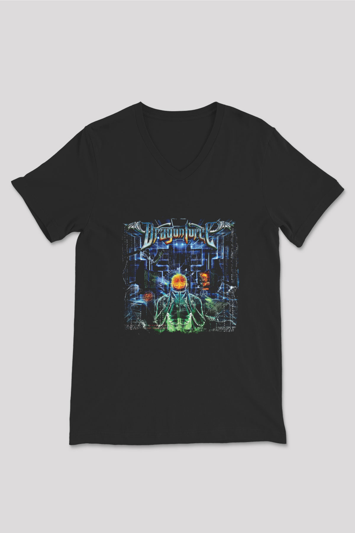 Dragon Force Baskılı Unisex Siyah V Yaka Tişört