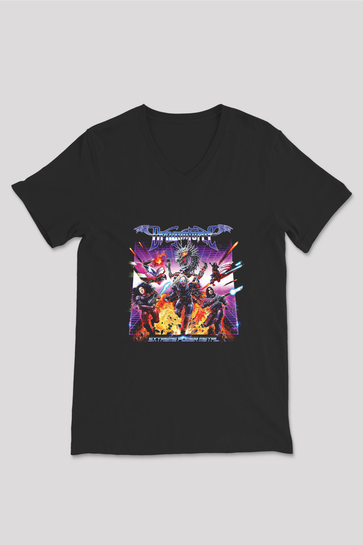 Dragon Force Baskılı Unisex Siyah V Yaka Tişört