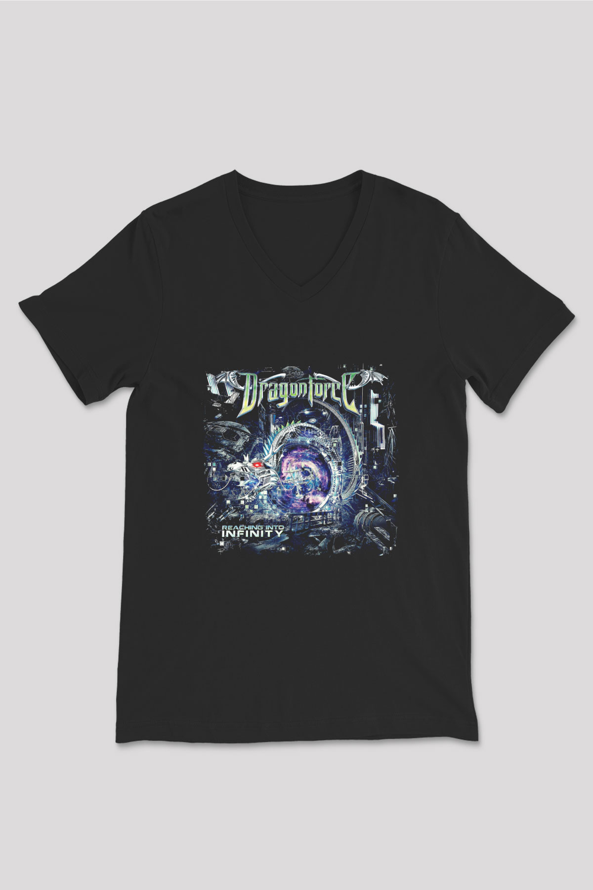 Dragon Force Baskılı Unisex Siyah V Yaka Tişört