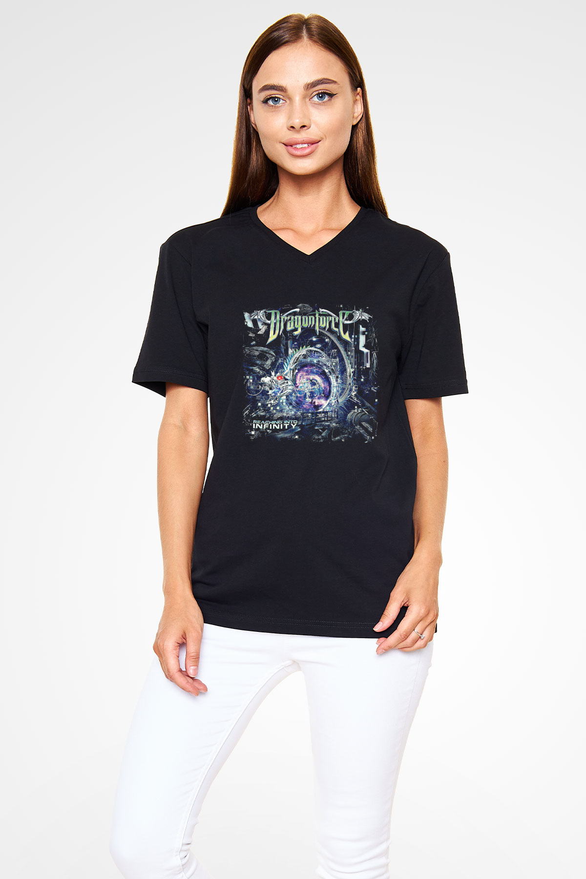 Dragon Force Baskılı Unisex Siyah V Yaka Tişört