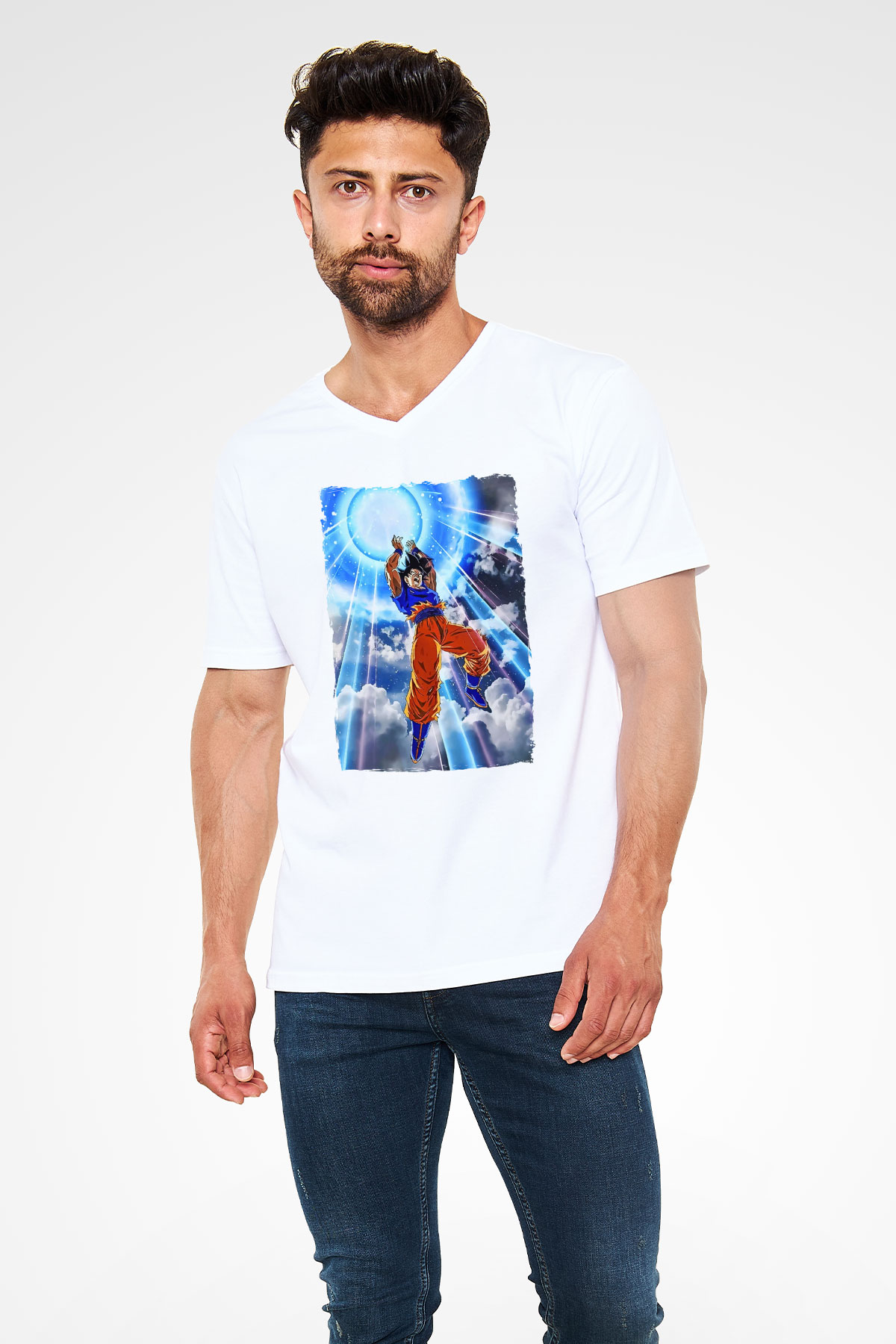 Dragonball Beyaz Unisex V Yaka Tişört