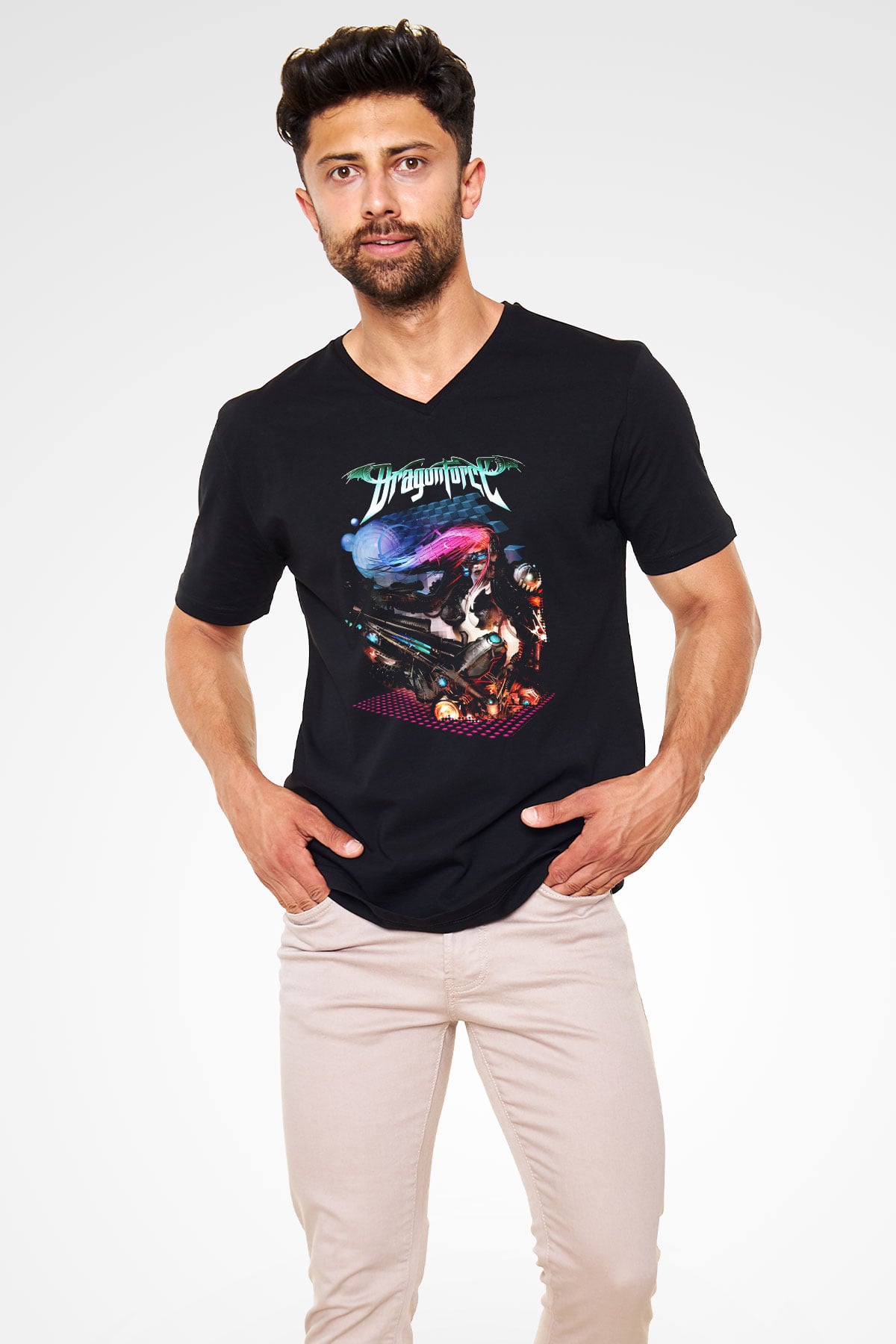 DragonForce Siyah Unisex V Yaka Tişört T-Shirt