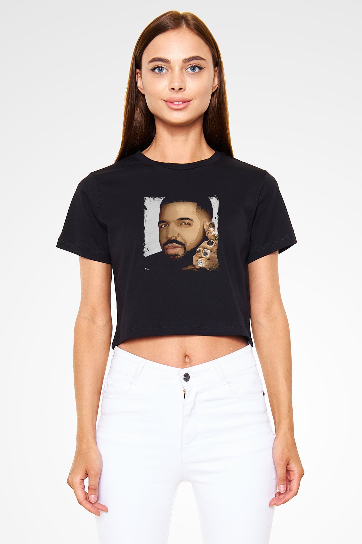 Drake Baskılı Crop Top Siyah Kadın Tişört