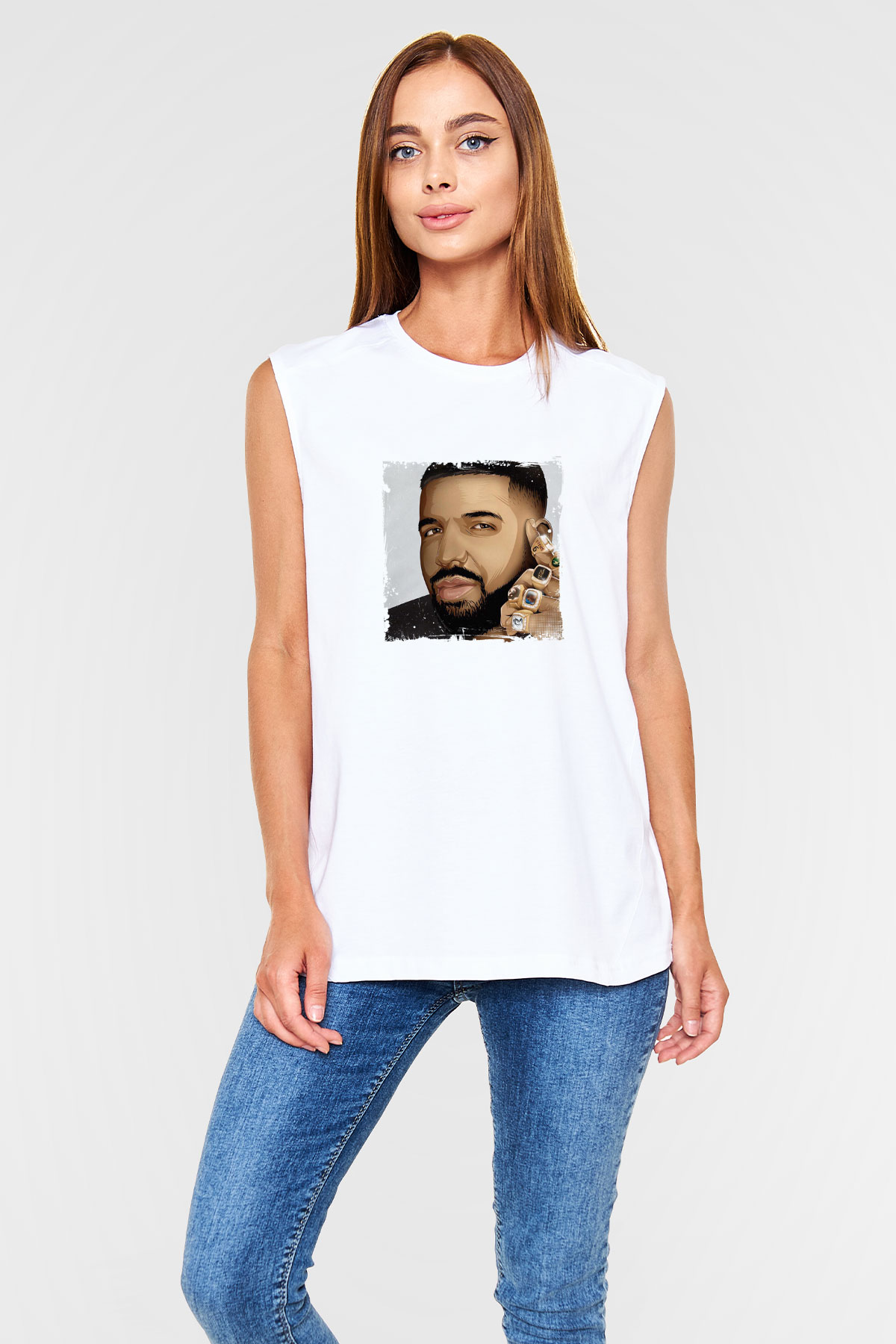 Drake Baskılı Unisex Beyaz Kolsuz Tişört