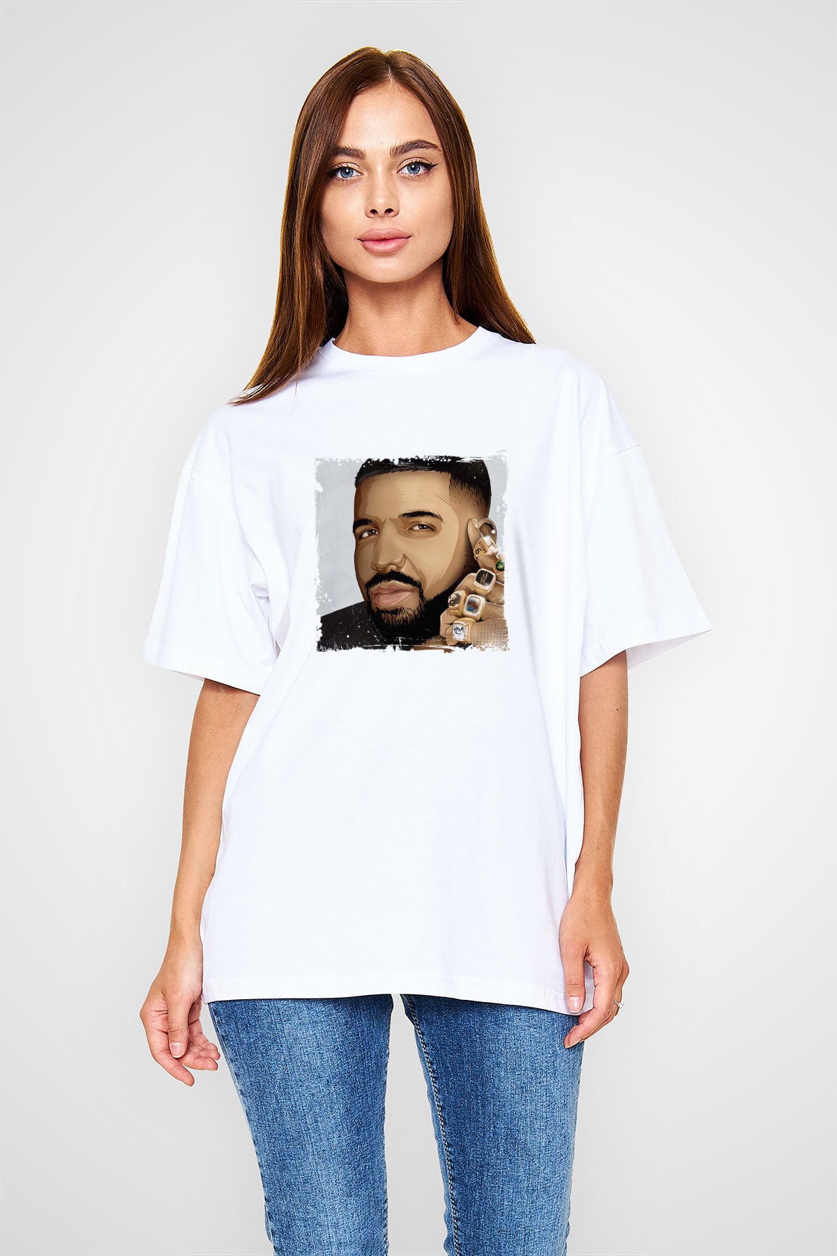 Drake Baskılı Oversize Beyaz Tişört