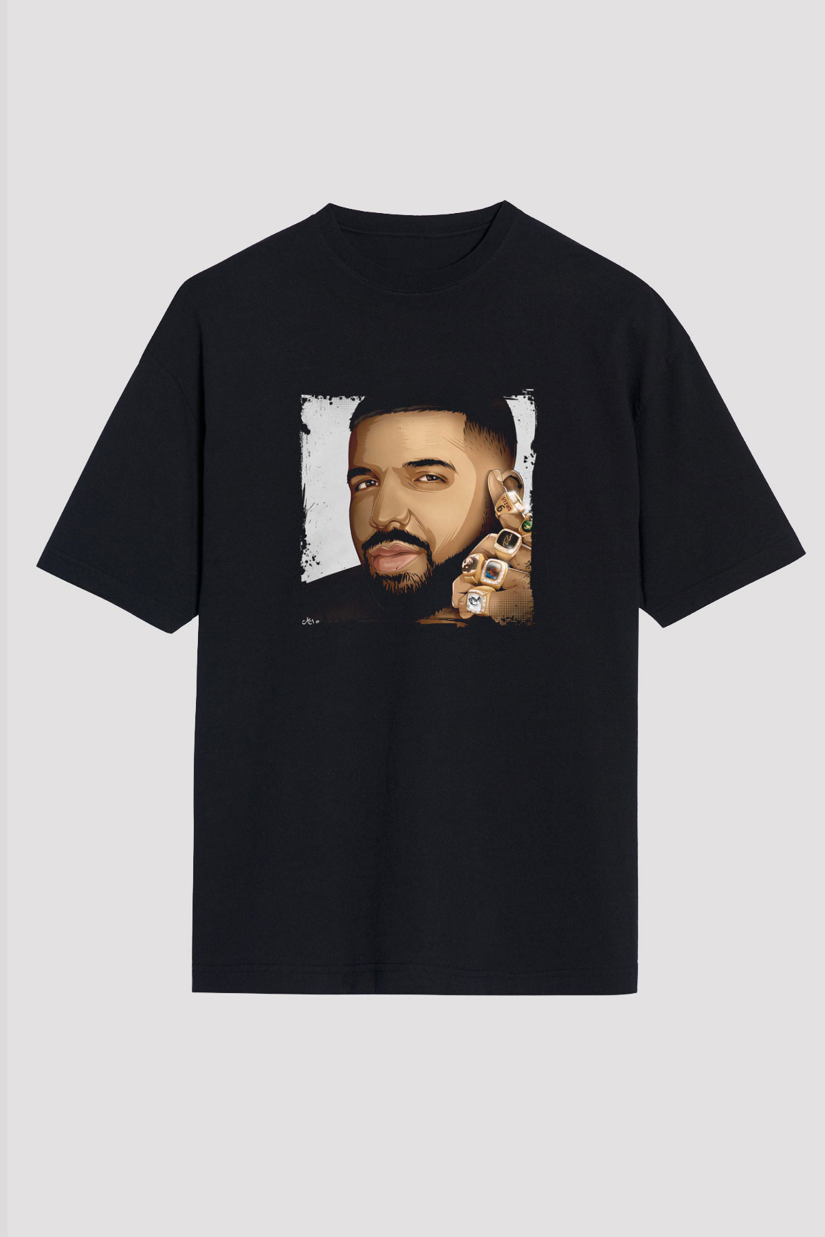 Drake Baskılı Unisex Oversize Siyah Tişört