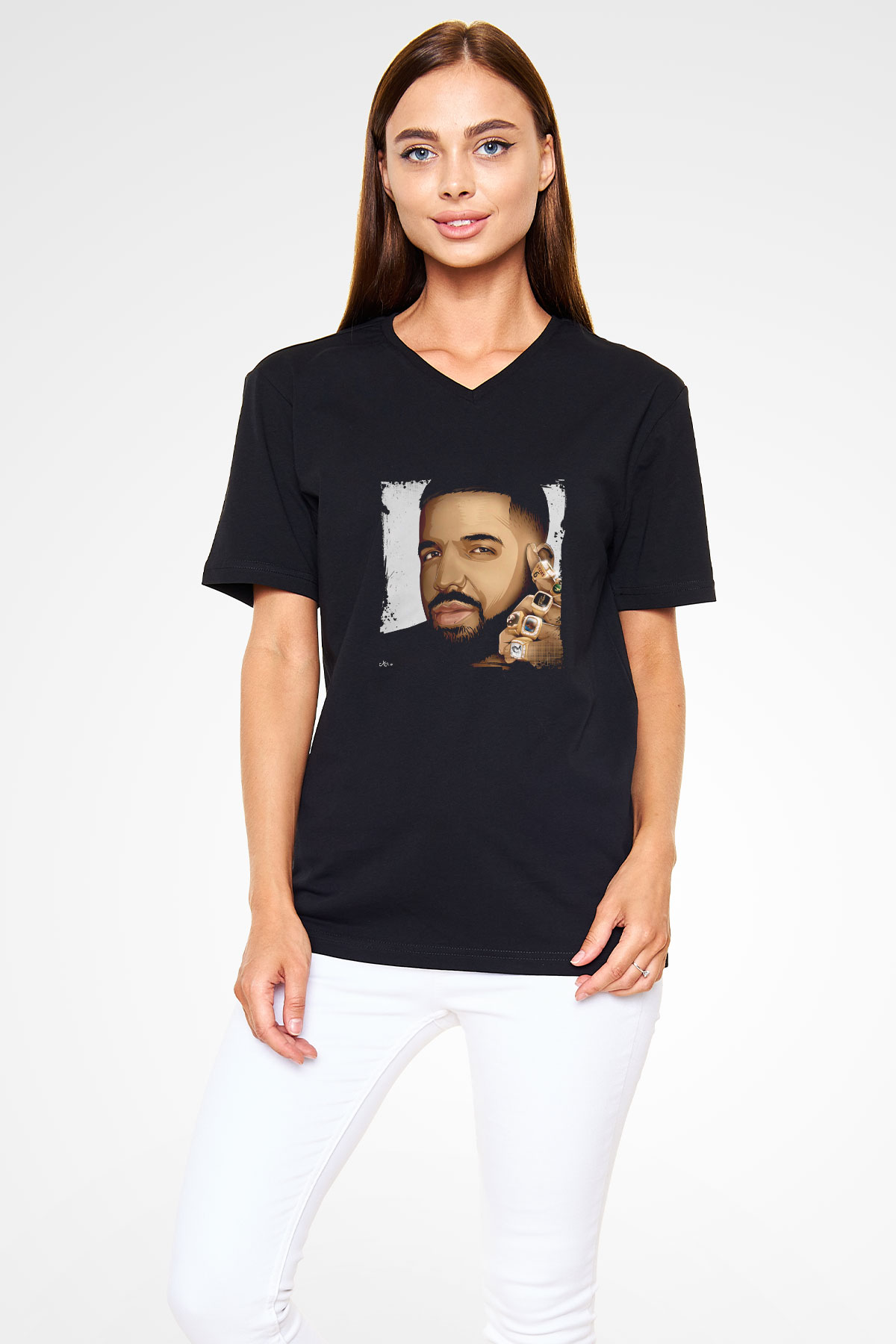 Drake Baskılı Unisex Siyah V Yaka Tişört